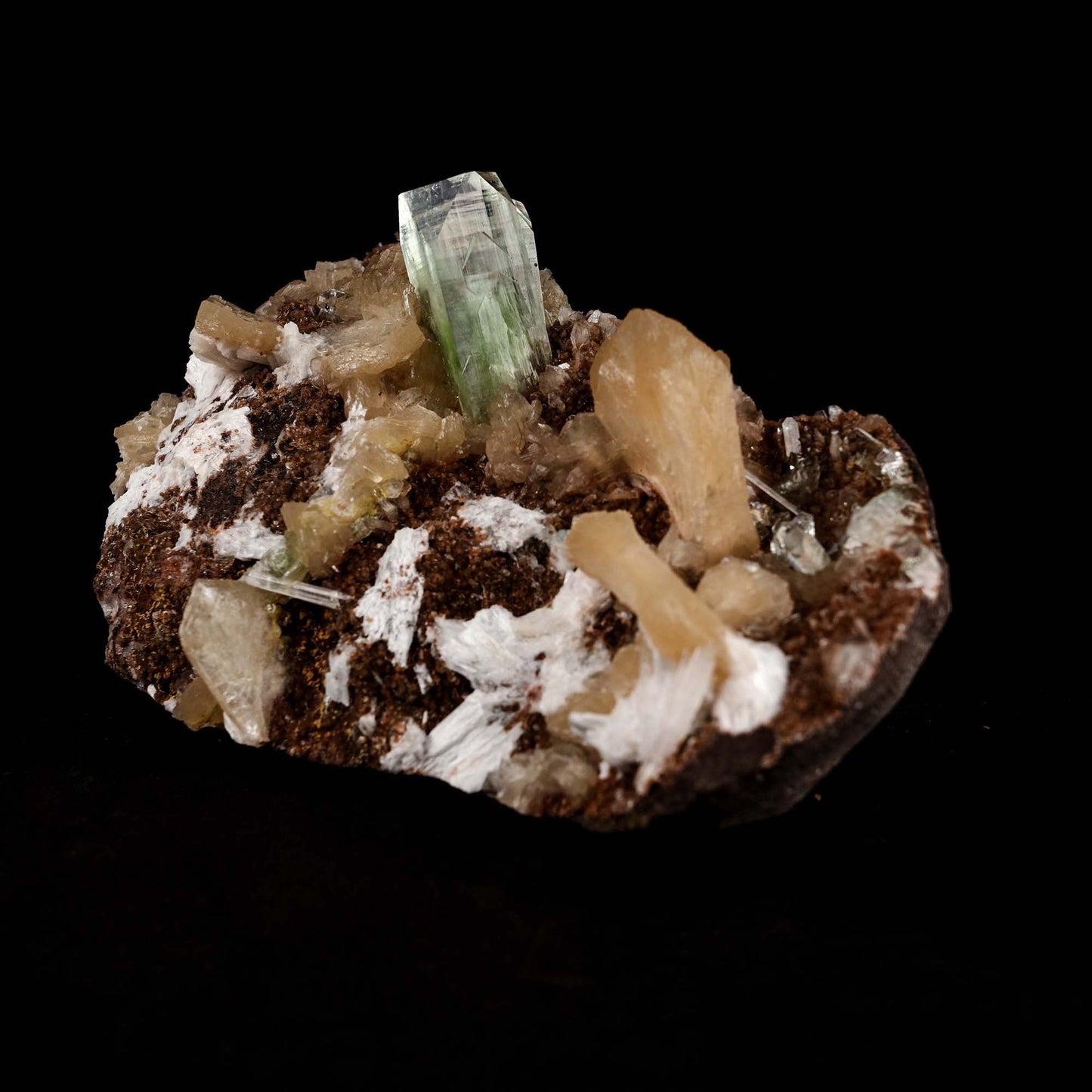 Green Apophyllite with Stilbite on Heulandite Natural Mineral Specimen…  https://www.superbminerals.us/products/green-apophyllite-with-stilbite-on-heulandite-natural-mineral-specimen-b-5180  Features: Transparent green apophyllite crystals long with lustrous crystal faces and steep pyramidal terminations on matrix coated with lustrous peach-baggie coloured Stilbite crystals of varying sizes. Primary Mineral(s): Apophyllite Secondary Mineral(s): StilbiteMatrix: N/A 6 Inch x 4 InchWeight : 735 GmsLocality: