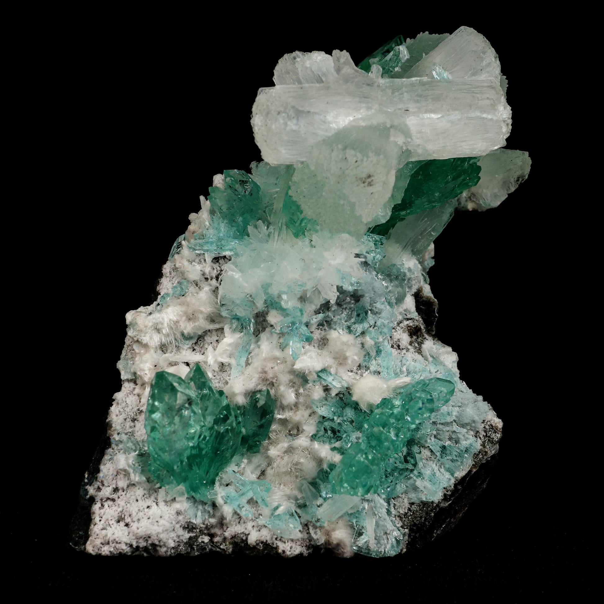 Green Fluorapophyllite and Stilbite Natural Mineral Specimen # B 507…  https://www.superbminerals.us/products/green-apophyllite-with-stilbite-natural-mineral-specimen-b-5070  Features: A fine oldtimer from theQuarry of the style of some of the earliest gem apophyllites that came out, totally unique in style and unequaled today! On a basaltic matrix are rosette-like clusters of glassy and gemmy, mint-green fluorapophyllite, to&nbsp; in length. Several doubly terminated, lustrous 