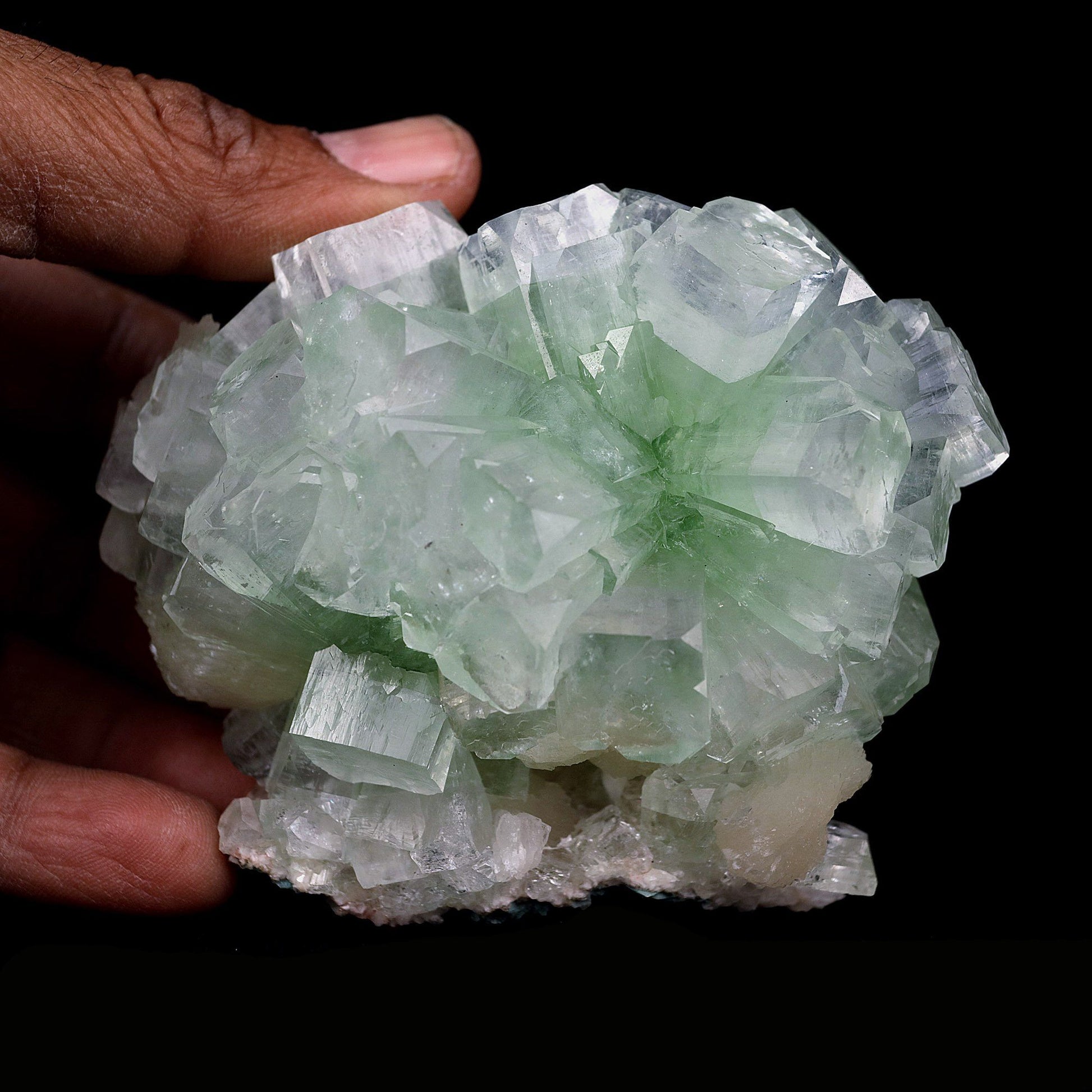 Green Fluroapophyllite with Stilbite Natural Mineral Specimen # B 4099  https://www.superbminerals.us/products/green-fluroapophyllite-with-stilbite-natural-mineral-specimen-b-4099  Features:From original recent find comes this specimen of Apophyllite displaying so called disco balls. The piece presents striking, lustrous, gem green to colorless Apophyllite-(kf) in bow tie shaped spray of cubically-tipped crystals. Some colorless and lustrous Stilbite crystals add a nice accent.