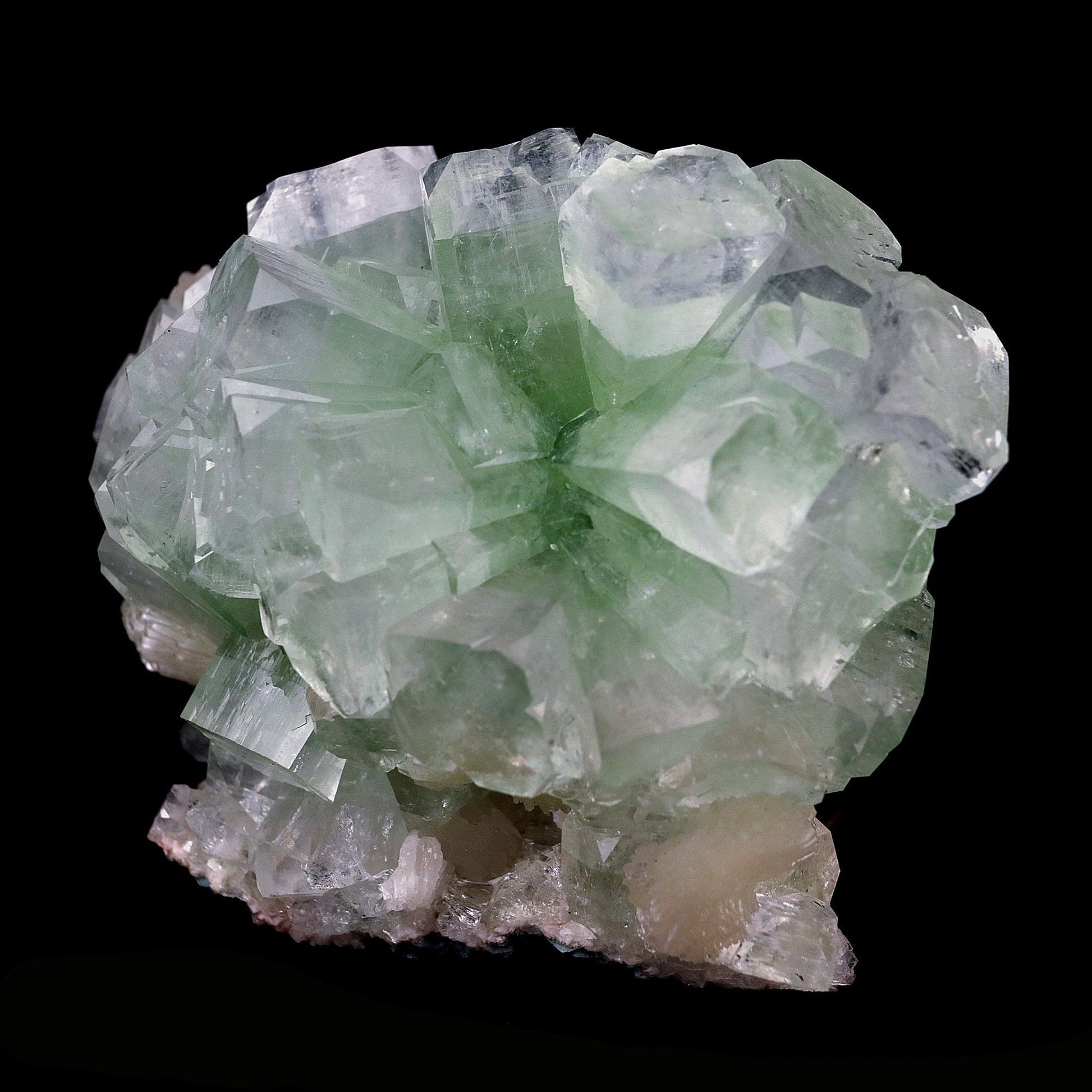 Green Fluroapophyllite with Stilbite Natural Mineral Specimen # B 4099  https://www.superbminerals.us/products/green-fluroapophyllite-with-stilbite-natural-mineral-specimen-b-4099  Features:From original recent find comes this specimen of Apophyllite displaying so called disco balls. The piece presents striking, lustrous, gem green to colorless Apophyllite-(kf) in bow tie shaped spray of cubically-tipped crystals. Some colorless and lustrous Stilbite crystals add a nice accent.