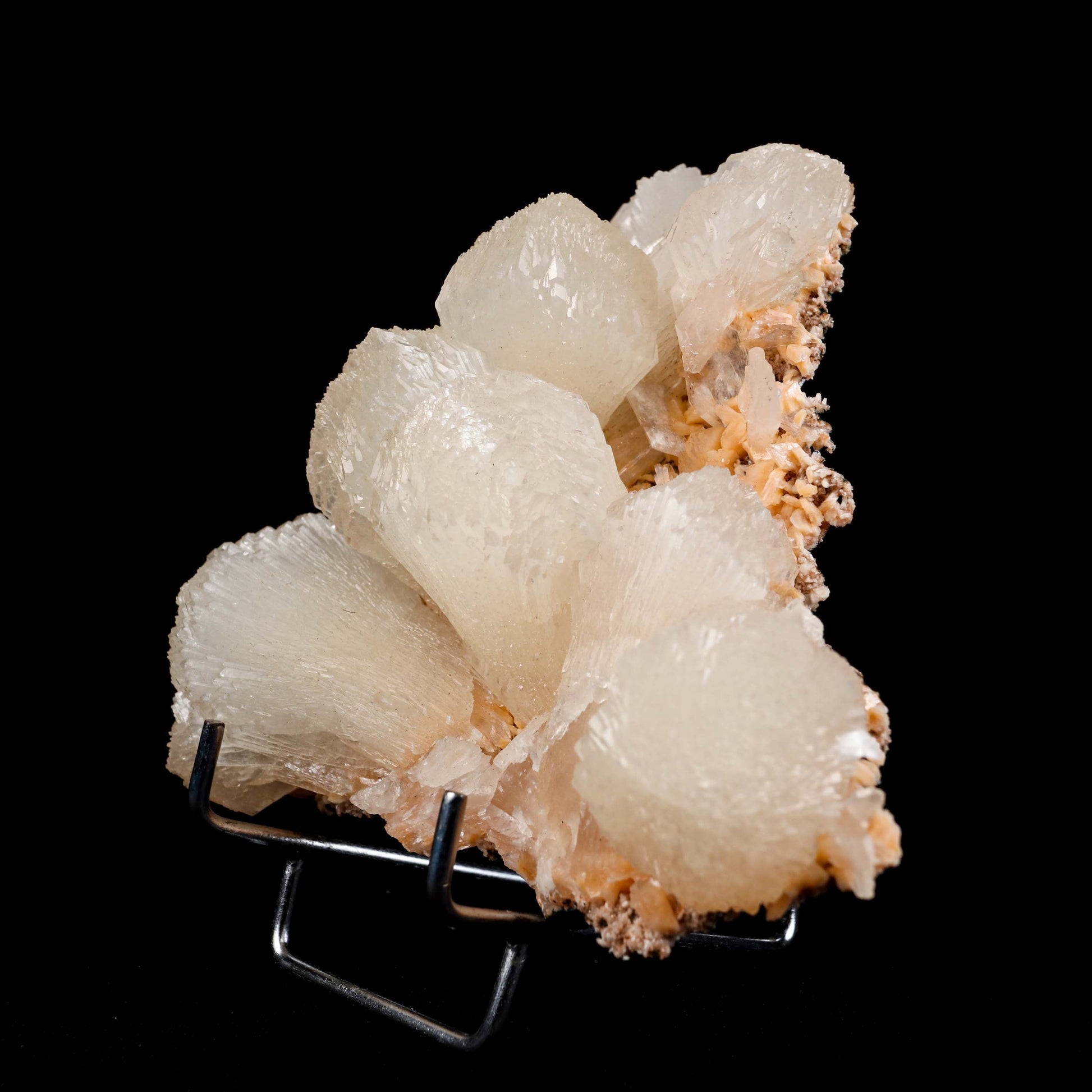 lustrous Terminated Stilbite Natural Mineral Specimen # B 4989  https://www.superbminerals.us/products/lustterorus-terminated-stilbite-natural-mineral-specimen-b-4989  Features:&nbsp;Featuring many excellent quality bladed groups of Stilbite in a soft white hue, resting over pearly stalactitic formations of peach colored Heulandite, this piece is a stunning example of the material. The sculpture is really flashy and three-dimensional, and I particularly like how the Stilbites