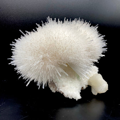 Truly impressive mesolite needles in a gorgeous hemispherical porcupine quill spray, formed with stilbite and green apophyllite on a mordenite matrix. Very delicate museum-grade specimen.