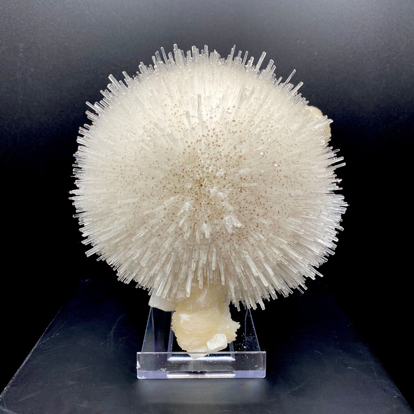 An impressive and gorgeous hemispherical porcupine quill spray composed of glassy mesolite needles with calcite tips, resembling a delicate white cotton ball, is elegantly displayed on a stand. Its visual impact is truly breathtaking. Stilbite composes the base.