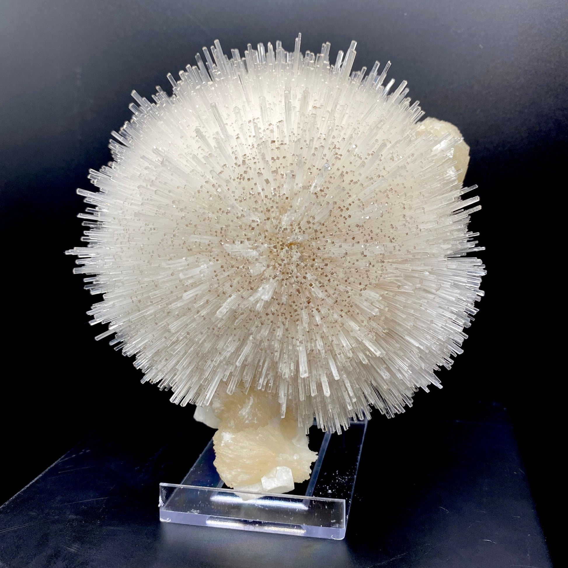 An impressive and gorgeous hemispherical porcupine quill spray composed of glassy mesolite needles with calcite tips, resembling a delicate white cotton ball, is elegantly displayed on a stand. Its visual impact is truly breathtaking. Stilbite composes the base.