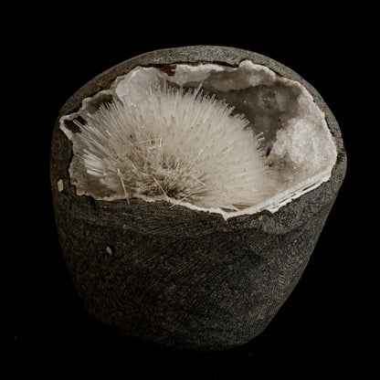Mesolite Sphere Sprays Inside MM Quartz Geode Natural Mineral Specimen…  https://www.superbminerals.us/products/mesolite-sphere-sprays-inside-mm-quartz-geode-natural-mineral-specimen-b-5063  Features: An impressive and very rich large hemispherical porcupine quill spray of glassy mesolite needles is aesthetically set inside geode of MM Quartz basalt matrix covered with contrasting frosted, tetragonal, mint-green apophyllite crystals on this very fine combination from the well-known quarries of the Pune