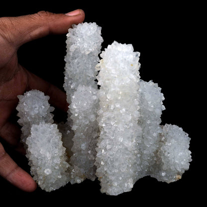 MM Quartz Stalactites Towering Formation Natural Mineral Specimen # B …  https://www.superbminerals.us/products/mm-quartz-stalactites-towering-formation-natural-mineral-specimen-b-3975  Features A very aesthetic specimen of transparent clear&nbsp; Quartz crystals completely covering all sides of a 12 cm high stalactites as well as two smaller adjoining stalactites, making for great symmetry. A beautiful showy piece in excellent condition. Primary Mineral(s):&nbsp; MM Quartz