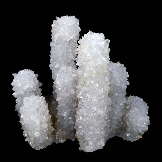 MM Quartz Stalactites Towering Formation Natural Mineral Specimen # B …  https://www.superbminerals.us/products/mm-quartz-stalactites-towering-formation-natural-mineral-specimen-b-3975  Features A very aesthetic specimen of transparent clear&nbsp; Quartz crystals completely covering all sides of a 12 cm high stalactites as well as two smaller adjoining stalactites, making for great symmetry. A beautiful showy piece in excellent condition. Primary Mineral(s):&nbsp; MM Quartz