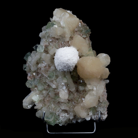 Mordenite Ball on Green Apophyllite with Stilbite Cluster Natural Mine…  https://www.superbminerals.us/products/mordenite-ball-on-green-apophyllite-with-stilbite-cluster-natural-mineral-specimen-b-4093  Features:Tender specimen of beautiful Mordenite. It forms one spray ball of colorless needle crystals. They are very delicate, fine shimmering and pearly luster. Also nested with Stilbite crystal at the center of the cluster.