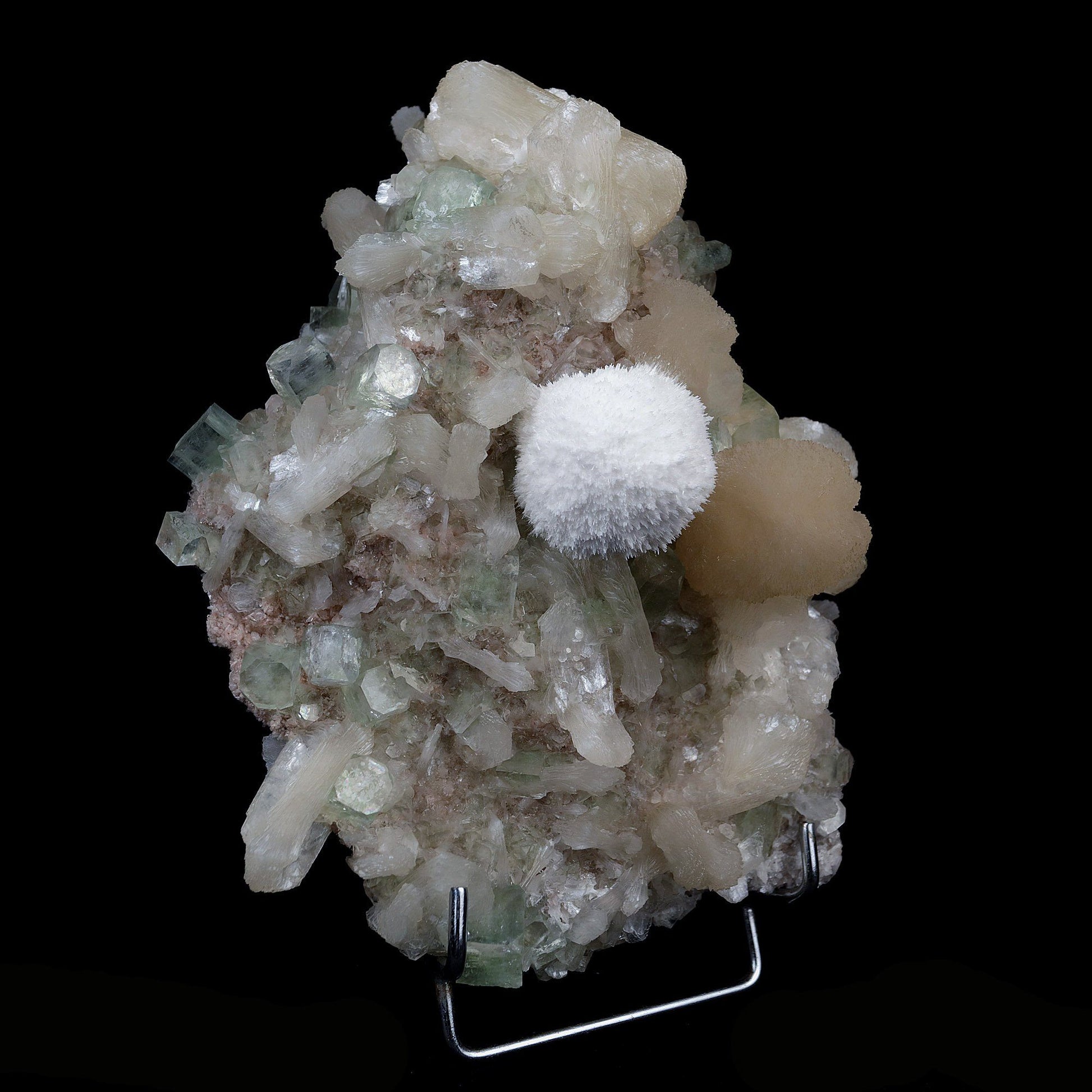 Mordenite Ball on Green Apophyllite with Stilbite Cluster Natural Mine…  https://www.superbminerals.us/products/mordenite-ball-on-green-apophyllite-with-stilbite-cluster-natural-mineral-specimen-b-4093  Features:Tender specimen of beautiful Mordenite. It forms one spray ball of colorless needle crystals. They are very delicate, fine shimmering and pearly luster. Also nested with Stilbite crystal at the center of the cluster.