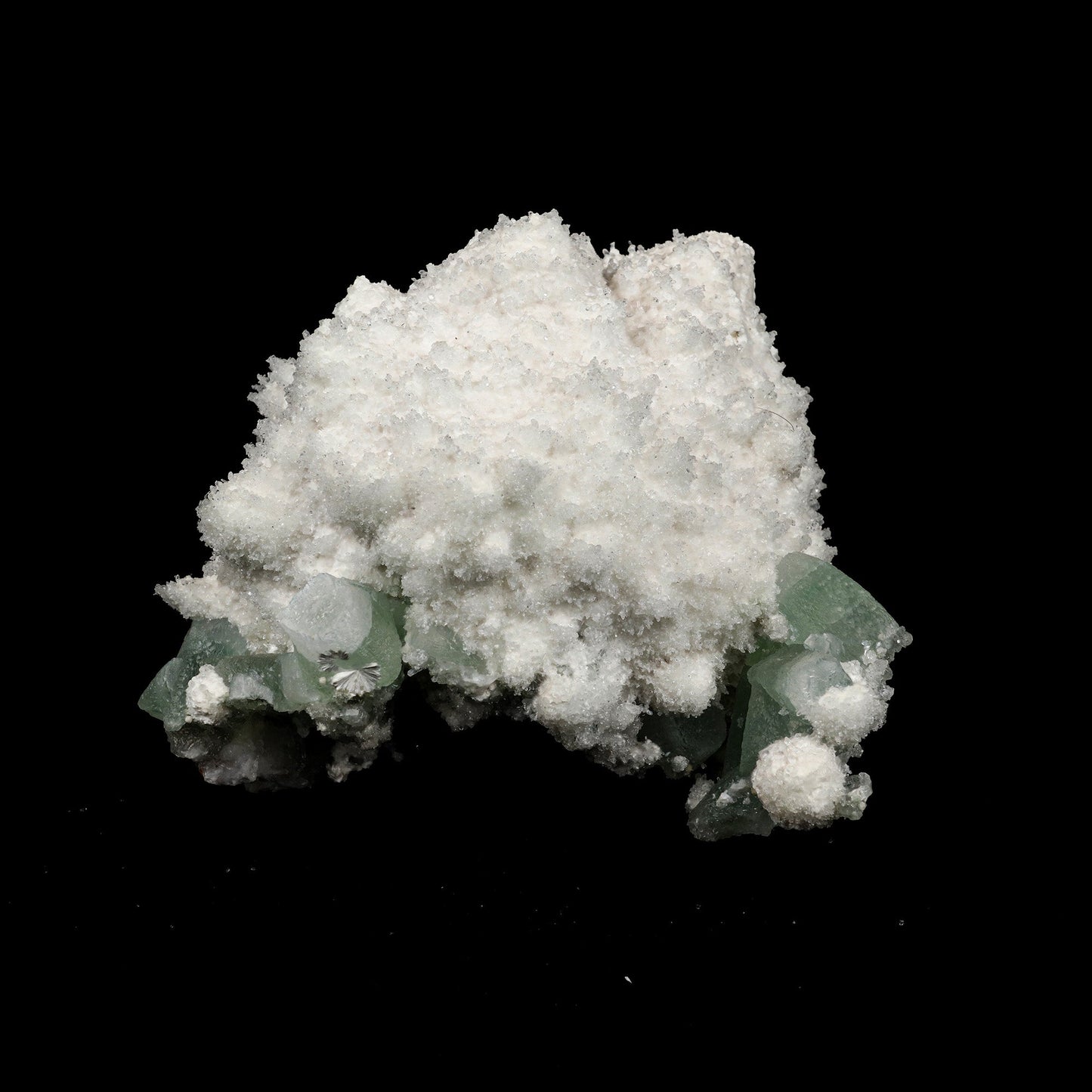 Mordenite with Green Apophyllite Natural Mineral Specimen # B 5282  https://www.superbminerals.us/products/mordenite-with-green-apophyllite-natural-mineral-specimen-b-5282  Features: The specimen features a grouping of spiky white mordenite crystals almost&nbsp; coming off a matrix of gemmy blocky green apophyllite crystals. This specimen displays excellent crystallization throughout. Primary Mineral(s): Mordenite Secondary Mineral(s): Green ApophylliteMatrix: N/A 5 Inch x 5