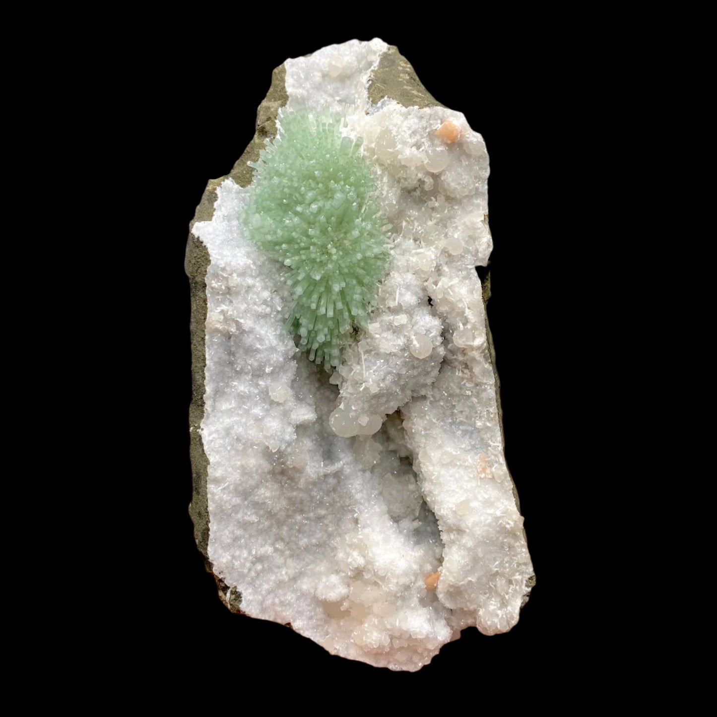 Green natrolite needle-like prisms radiate out of a millimeter quartz matrix, highly contrasted against the dark-gray basalt host rock.