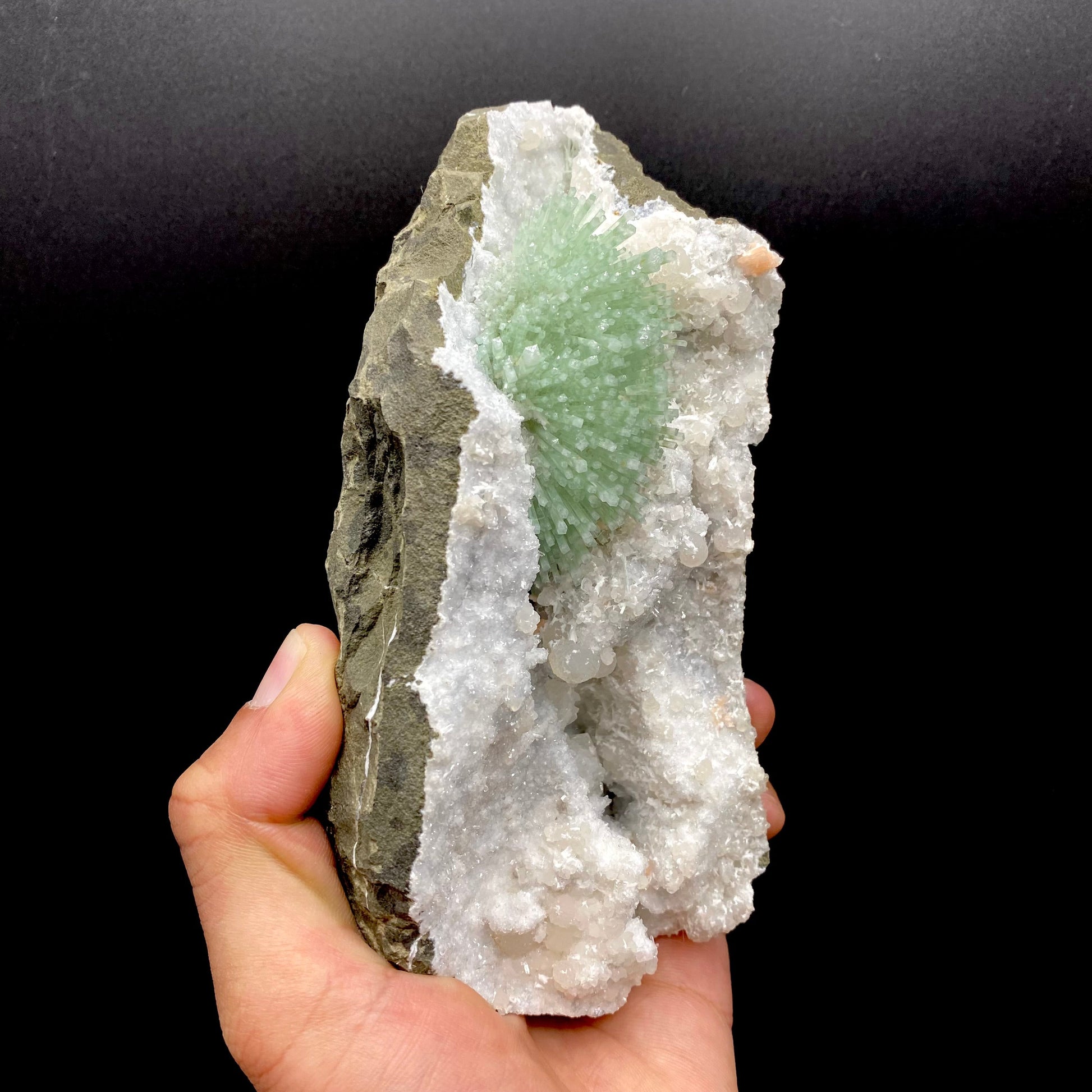 Green natrolite needle-like prisms radiate out of a millimeter quartz matrix, highly contrasted against the dark-gray basalt host rock.