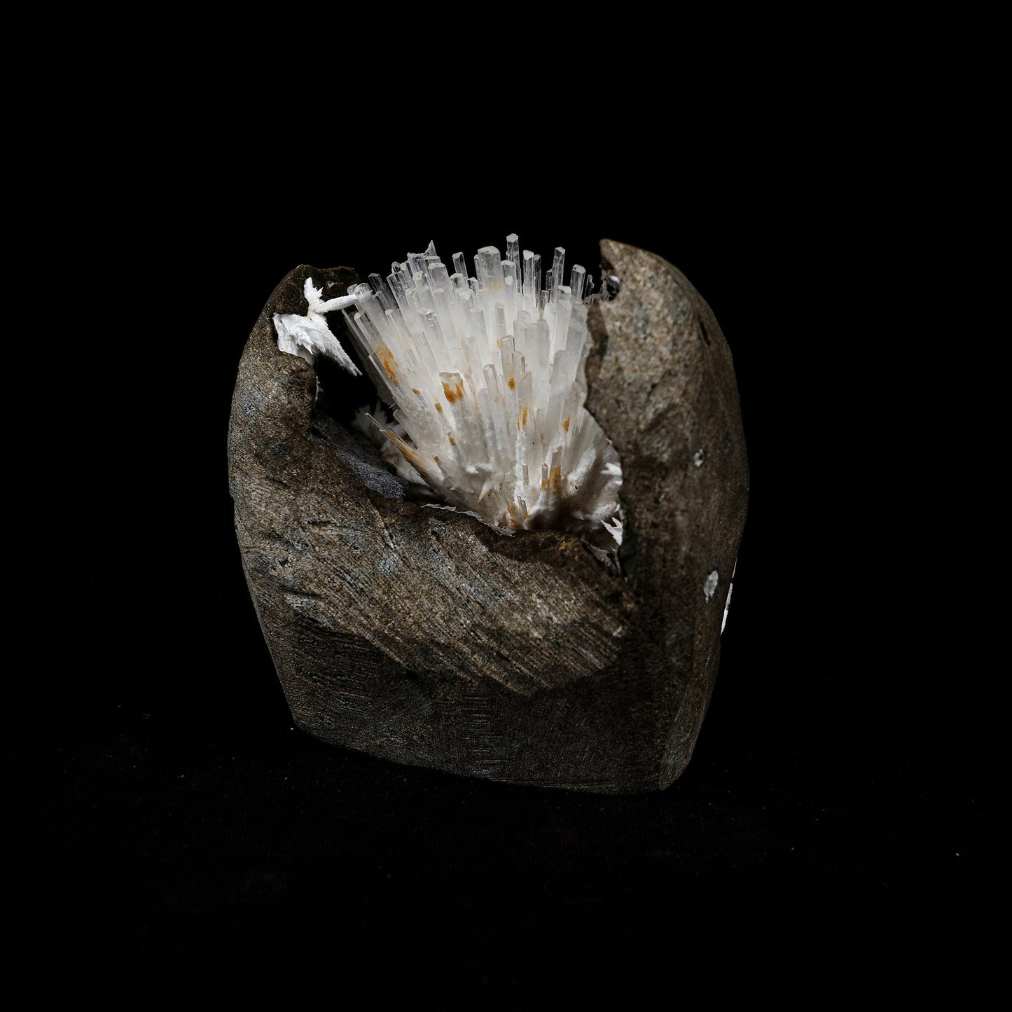 Natrolite Sprays Inside Chalcedony Geode Natural Mineral Specimen # B…  https://www.superbminerals.us/products/natrolite-sprays-inside-chalcedony-geode-natural-mineral-specimen-b-5160  Features: Aesthetically situated in completely hollow basaltic vug, a diverging spray of gemmy, lustrous, Natrolite crystals to 3.5 inch in length emanate from a druse of sugary white Chalcedony. Although a few Natrolite crystals do span the vug and are attached to the ceiling, the majority are visibly terminated. 