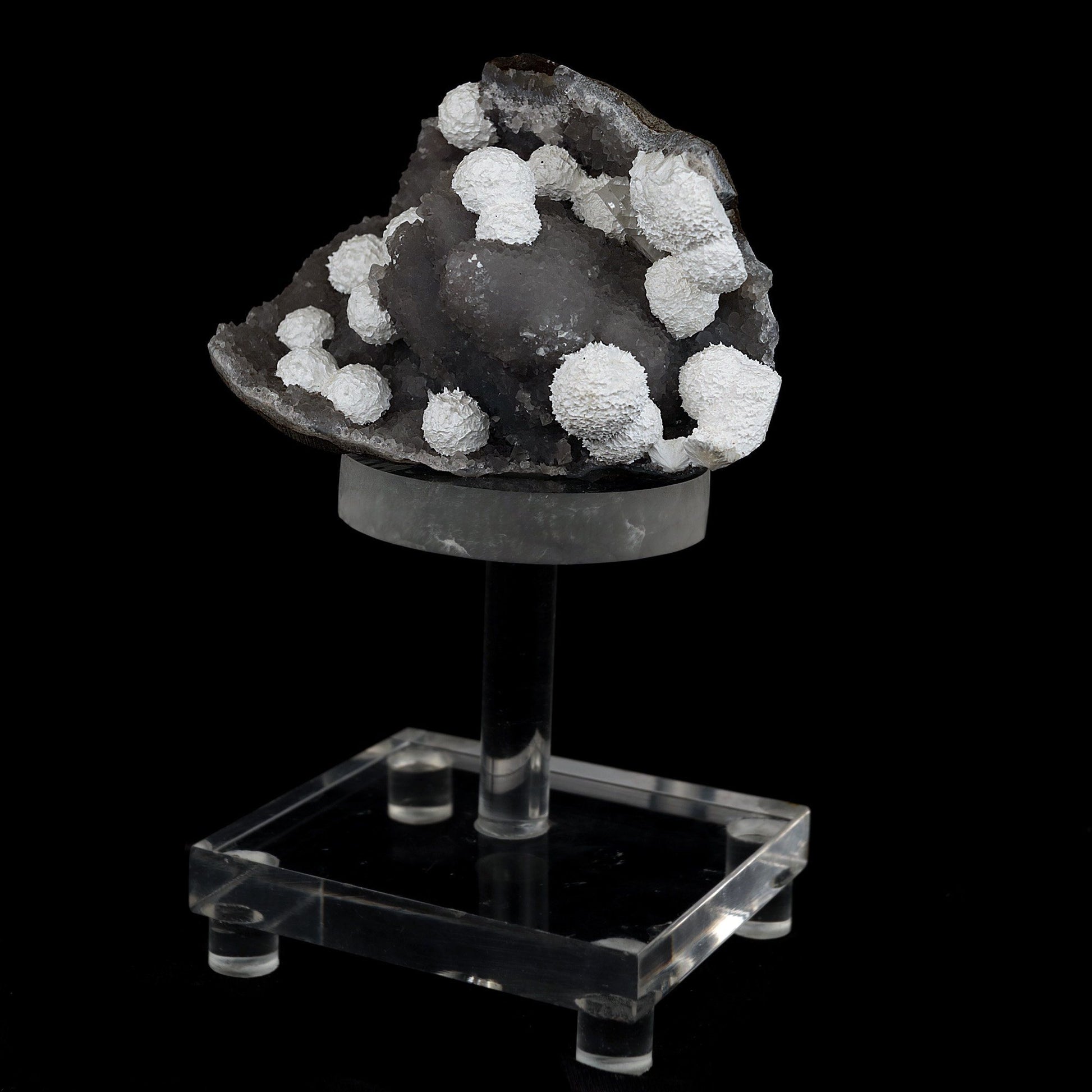 Okenite Balls on MM Quartz Natural Mineral Specimen # B 4439  https://www.superbminerals.us/products/okenite-balls-on-mm-quartz-natural-mineral-specimen-b-4439  Features: Beautiful snow-white puff balls of needle Okenite are scattered over all, In this stunning cavernous Chalcedony matrix. Such outstanding Okenite specimens. Primary Mineral(s): OkeniteSecondary Mineral(s): N/AMatrix: MM Quartz11 cm x 7 cm x 7 cmWeight : 310 Gms Locality: Mumbai, Maharashtra, 