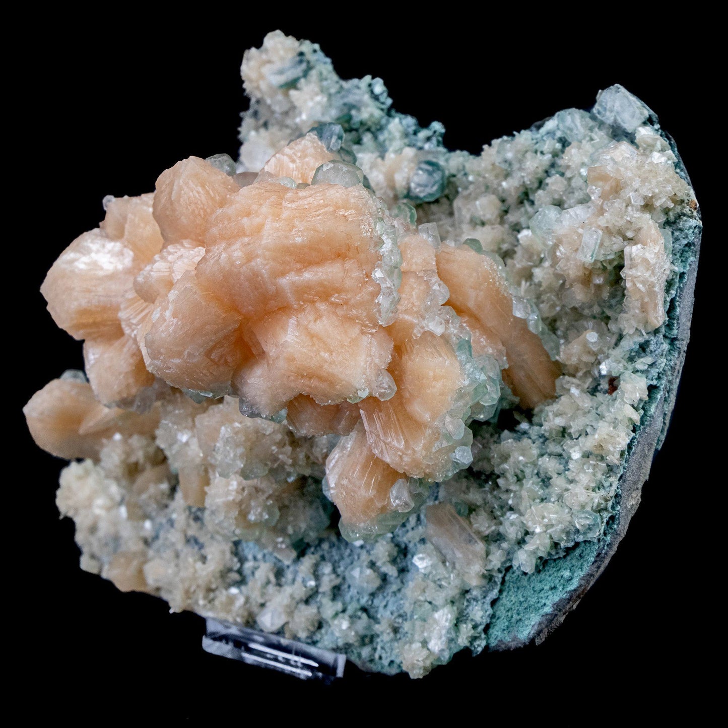 One time find of bright orange crystals with Unusual growth of Green Marshy Apophyllite - #C6 Stilbite Superb Minerals 