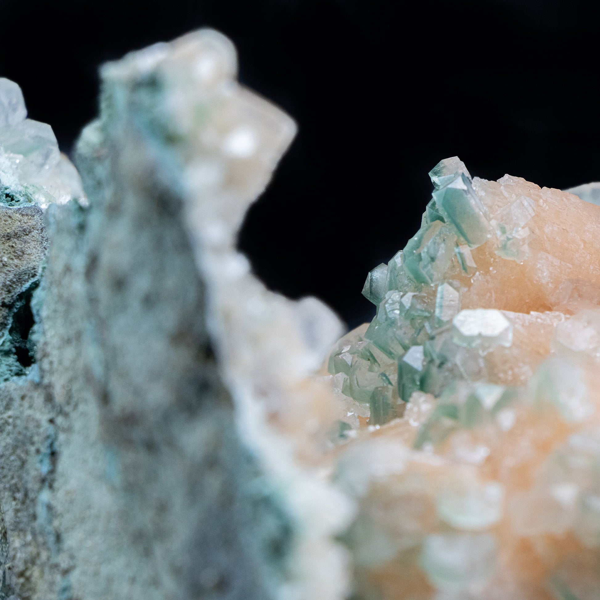 One time find of bright orange crystals with Unusual growth of Green Marshy Apophyllite - #C6 Stilbite Superb Minerals 
