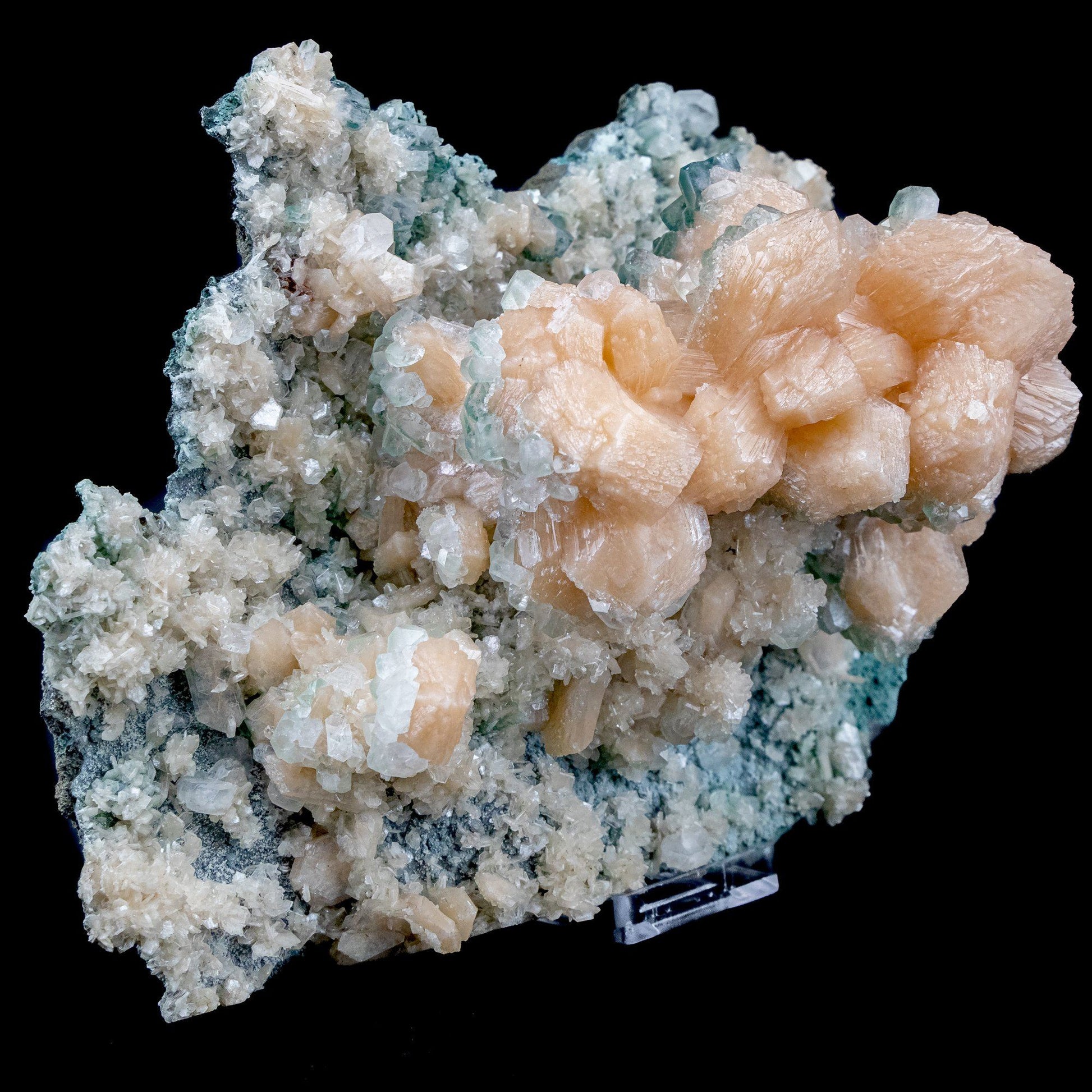One time find of bright orange crystals with Unusual growth of Green Marshy Apophyllite - #C6 Stilbite Superb Minerals 