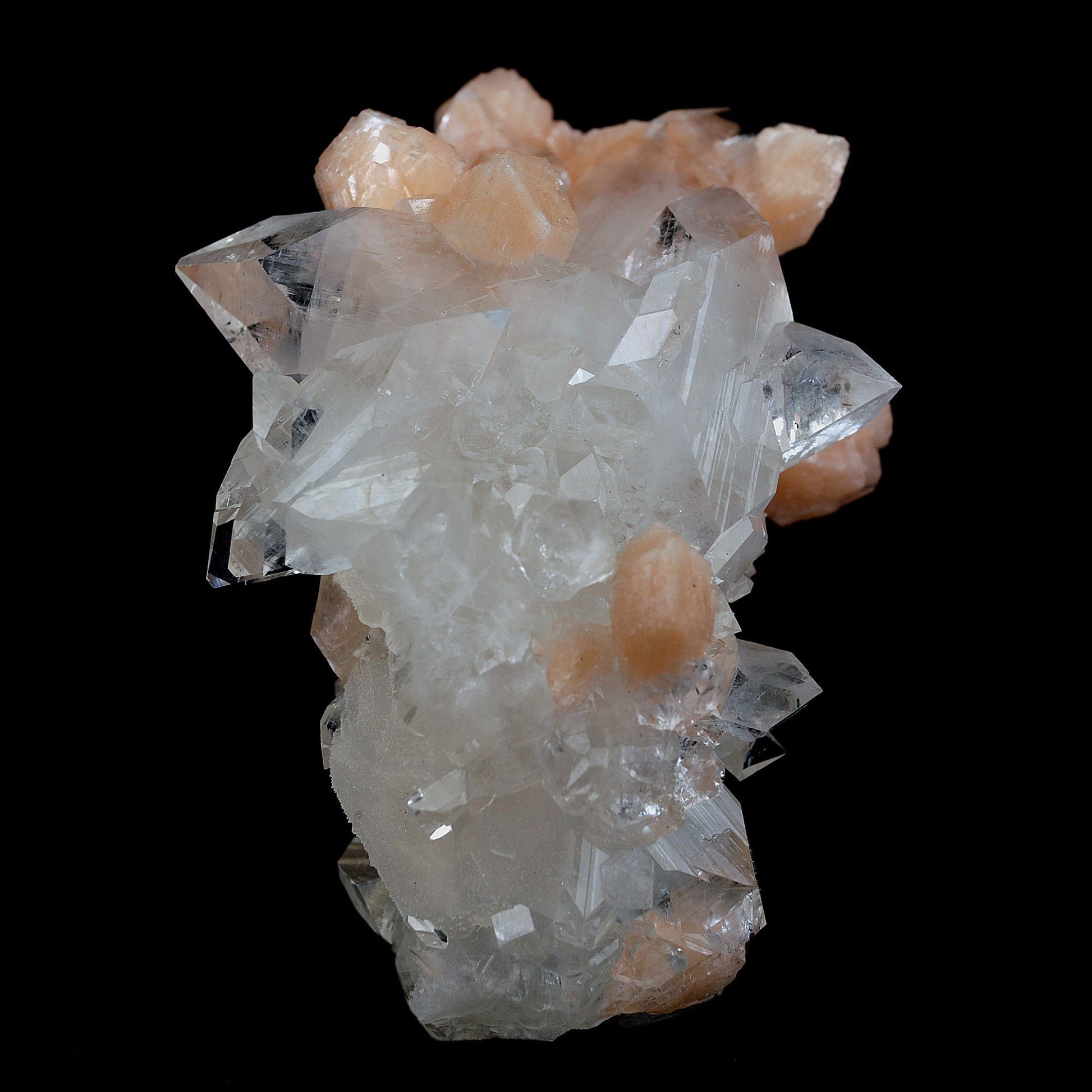 Peach Stilbite on Sprakling Apophyllite Crystals Natural Mineral Speci…  https://www.superbminerals.us/products/peach-stilbite-on-sprakling-apophyllite-crystals-natural-mineral-specimen-b-4054  Features:Classic combination specimen from the basalt trap rock quarries of India featuring a Fluorapophyllite crystal cluster with a Stilbite bowtie! While common in general, this is really a special piece - more beautiful and sparkly than most. The Fluorapophyllite is glassy, transparent to translucent