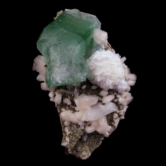 Pesudo Green Apophyllite with Mordenite Stilbite Natural Mineral Speci…  https://www.superbminerals.us/products/pesudo-green-apophyllite-with-mordenite-stilbite-natural-mineral-specimen-b-4602  Features:The gemmy and glossy light mint-green apophyllite crystals on this extremely attractive specimen from Jalgaon are complemented with snow-white spikeballs of brittle mordenite needles. Atop the green, some of the apophyllite crystal terminations became colourless. This is a reasonably rare and exceptional 