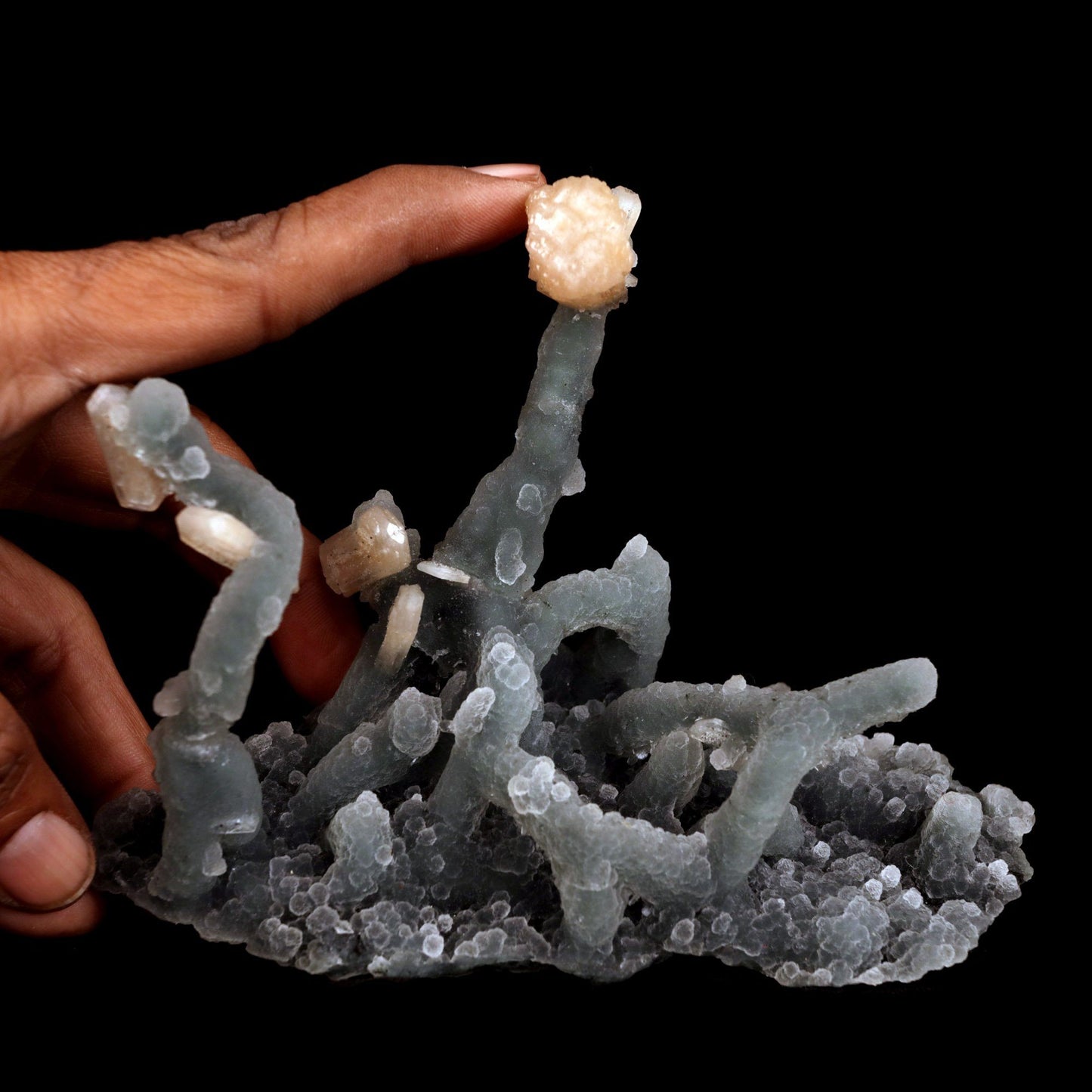 Pink Stilbite on Chalcedony Stalactite Natural Mineral Specimen # B 4…  https://www.superbminerals.us/products/pink-stilbite-on-chalcedony-stalactite-natural-mineral-specimen-b-4834  Features: Stalactites of drusy greenish-gray chalcedony dangle from a stunning corsage of iridescent, salmon-pink stilbite bowties. The matrix is highly sculptural.With only a few touched stalactite tips, this piece is essentially flawless and looks great from all angles!Outstanding huge Jalgaon combo material 