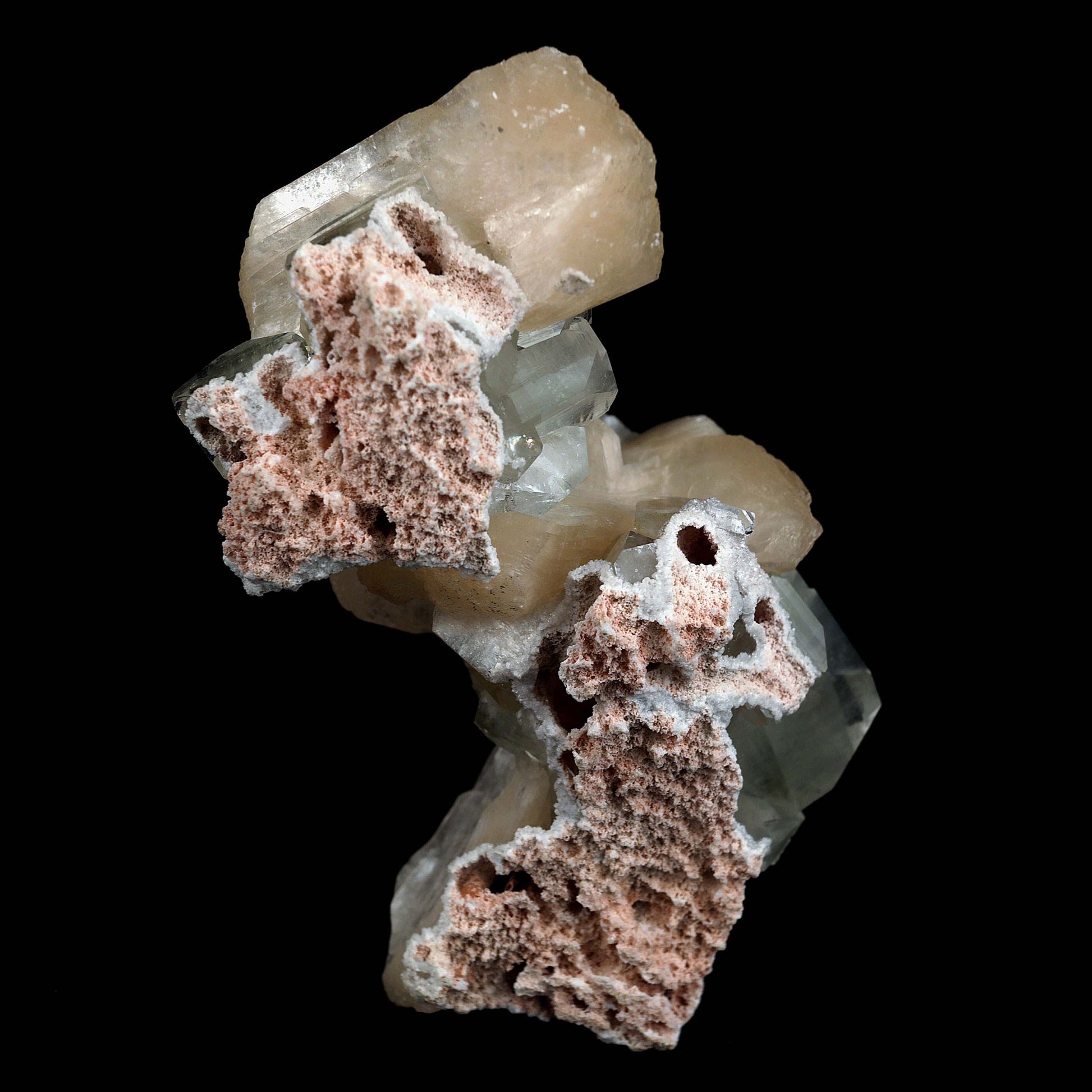 Pink Stilbite with Apophyllite Natural Mineral Specimen # B 4597  https://www.superbminerals.us/products/pink-stilbite-with-apophyllite-natural-mineral-specimen-b-4597  Features:A classic show specimen with crisp, gemmy to colourless Apophyllite crystals on matrix and peach tinted Stilbite. Overall, the work is in good condition, and its displayability is unquestionably above average. However, you cannot dispute that they are vibrant, appealing, and extremely visible.