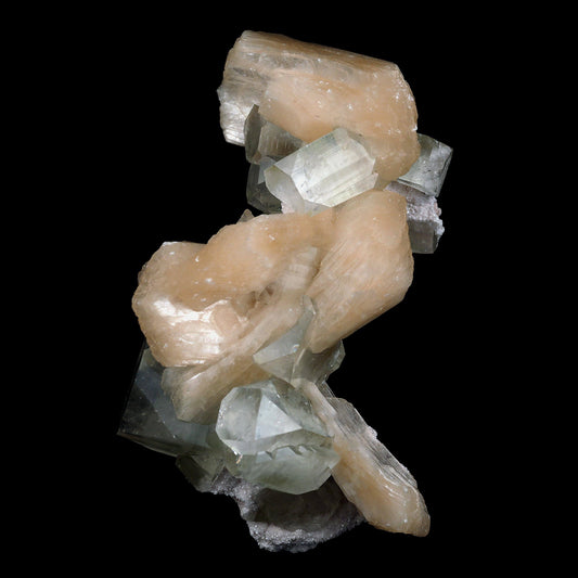 Pink Stilbite with Apophyllite Natural Mineral Specimen # B 4597  https://www.superbminerals.us/products/pink-stilbite-with-apophyllite-natural-mineral-specimen-b-4597  Features:A classic show specimen with crisp, gemmy to colourless Apophyllite crystals on matrix and peach tinted Stilbite. Overall, the work is in good condition, and its displayability is unquestionably above average. However, you cannot dispute that they are vibrant, appealing, and extremely visible.