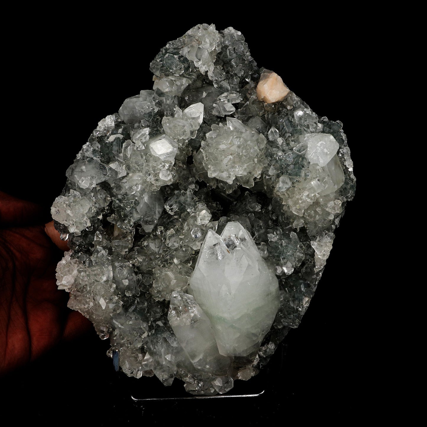 Pointed Apophyllite with Stilbite Big Cluster Natural Mineral Specimen…  https://www.superbminerals.us/products/pointed-apophyllite-with-stilbite-big-cluster-natural-mineral-specimen-b-5228  Features: A very large cluster of lustrous, water-clear Apopyllite crystals (up to 6.5 cm), many doubly terminated, hosting numerous smaller peach-colored Stilbite crystals. But what really sets this piece apart is the pristine, translucent, peach-colored bow-tie Stilbite crystal that rises from center 