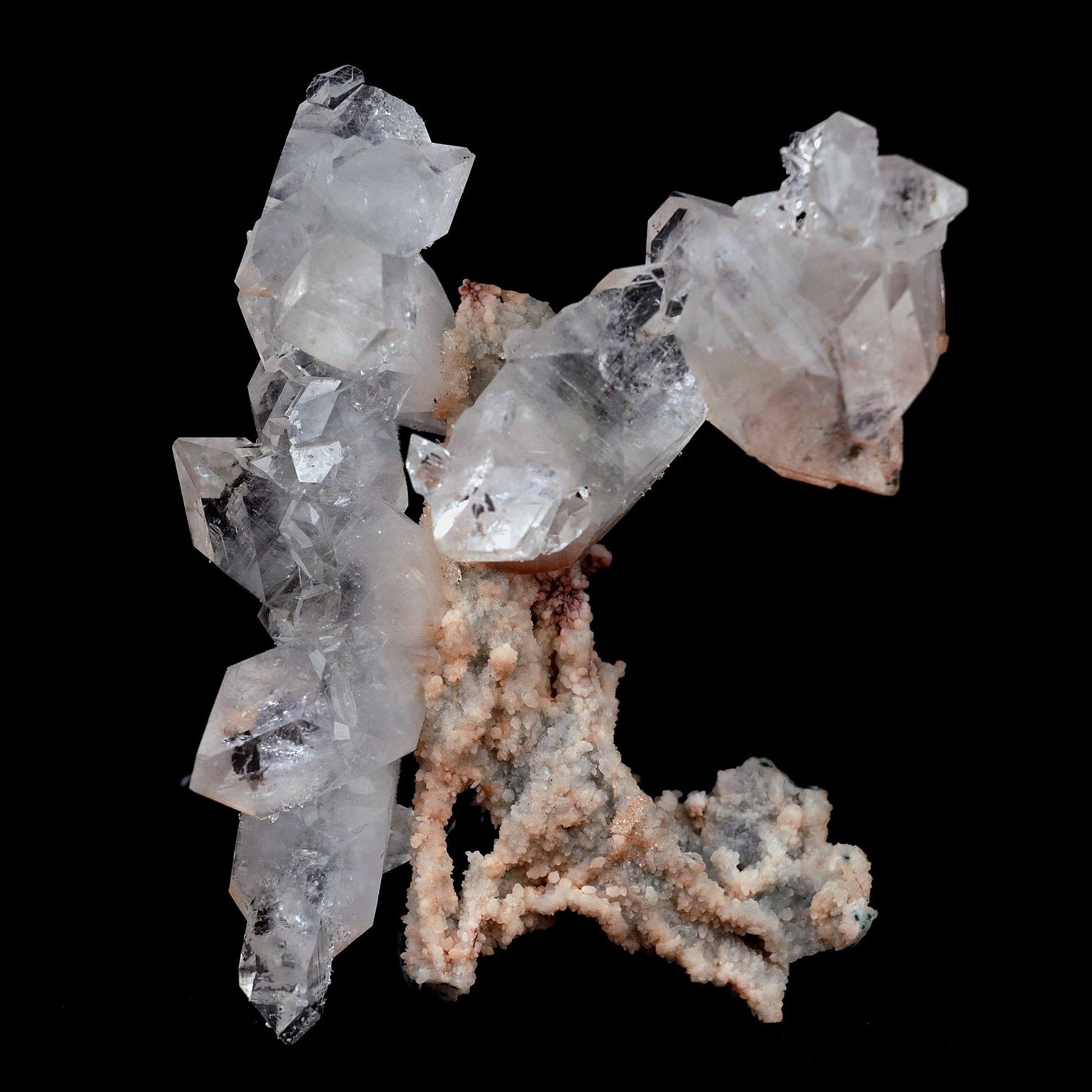 Pointed Apophyllite with Stilbite On Chalcedony Natural Mineral # B 4…  https://www.superbminerals.us/products/pointed-apophyllite-with-stilbite-on-chalcedony-natural-mineral-b-4178  Features:Very fine classic Apophyllite specimen with Stilbite on Quartz from the Jalgaon area Deccan Trap flood Basalts. Sharply formed crystals of Apophyllite, displaying strong development of prism and pyramidal faces. Crystals of Apophyllite have pleasing color less gemmy pyramidal areas due to hematite inclusions
