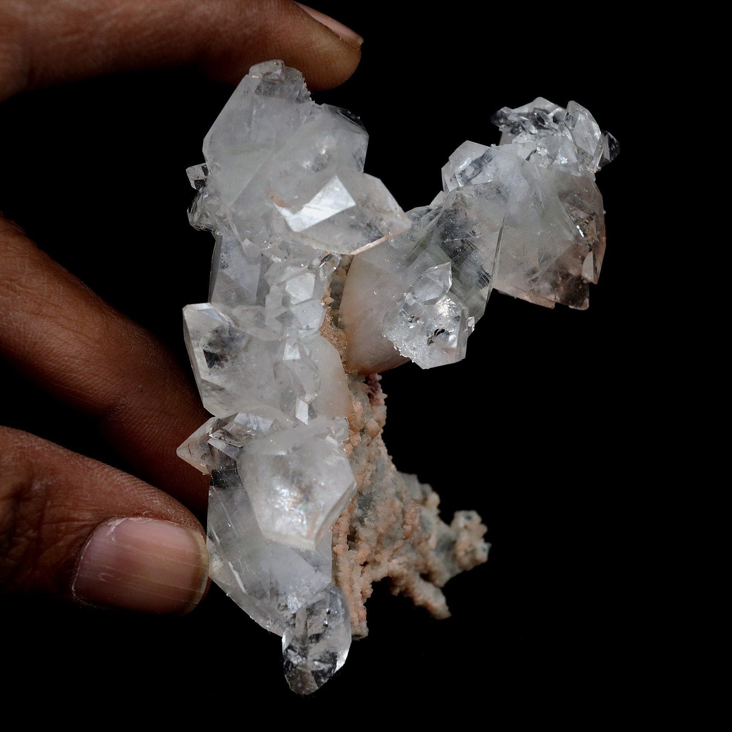 Pointed Apophyllite with Stilbite On Chalcedony Natural Mineral # B 4…  https://www.superbminerals.us/products/pointed-apophyllite-with-stilbite-on-chalcedony-natural-mineral-b-4178  Features:Very fine classic Apophyllite specimen with Stilbite on Quartz from the Jalgaon area Deccan Trap flood Basalts. Sharply formed crystals of Apophyllite, displaying strong development of prism and pyramidal faces. Crystals of Apophyllite have pleasing color less gemmy pyramidal areas due to hematite inclusions