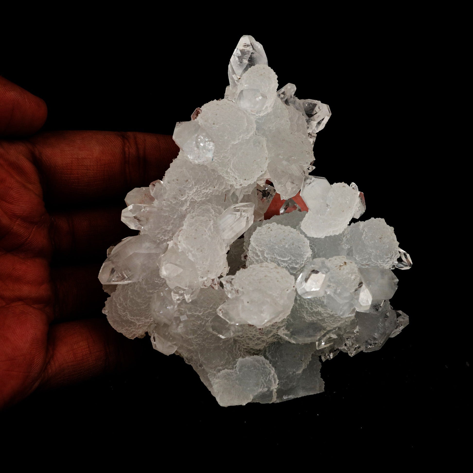 Pointed Clear Apophyllite on Chalcedony Natural Mineral Specimen # B …  https://www.superbminerals.us/products/pointed-clear-apophyllite-on-chalcedony-natural-mineral-specimen-b-5212  Features: One big intersecting doubly-terminated crystal of colorless Apophyllite perched on small plate of white chalcedony Microcrystals. The tip of the smaller crystal is cleaved with a clean surface. Primary Mineral(s): ApophylliteSecondary Mineral(s): N/AMatrix: Chalcedony 3.5 Inch x 3 InchWeight : 302 
