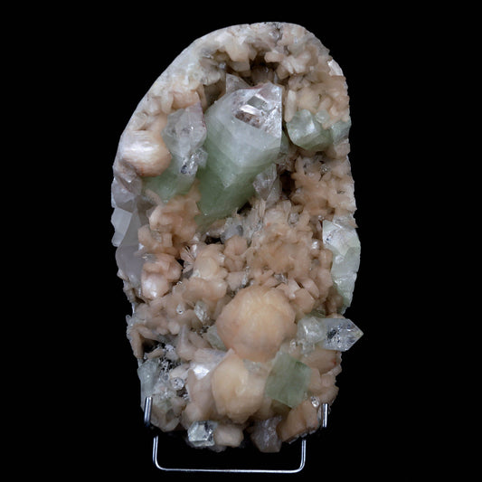 Pointed Green Apophyllite with Stilbite Inside Geode Natural Mineral S…  https://www.superbminerals.us/products/pointed-green-apophyllite-with-stilbite-inside-geode-natural-mineral-specimen-b-4385  Features:Beautiful gemmy and lustrous, bi-colored tetragonal pyramidal fluorapophyllite crystals are very aesthetically set amidst a dense lining of pearlescent flesh-pink stilbites on this dramatic rich pocket from recent finds at Jalgaon. The impressive large upright apophyllite.Primary Mineral(s): Apophyllite