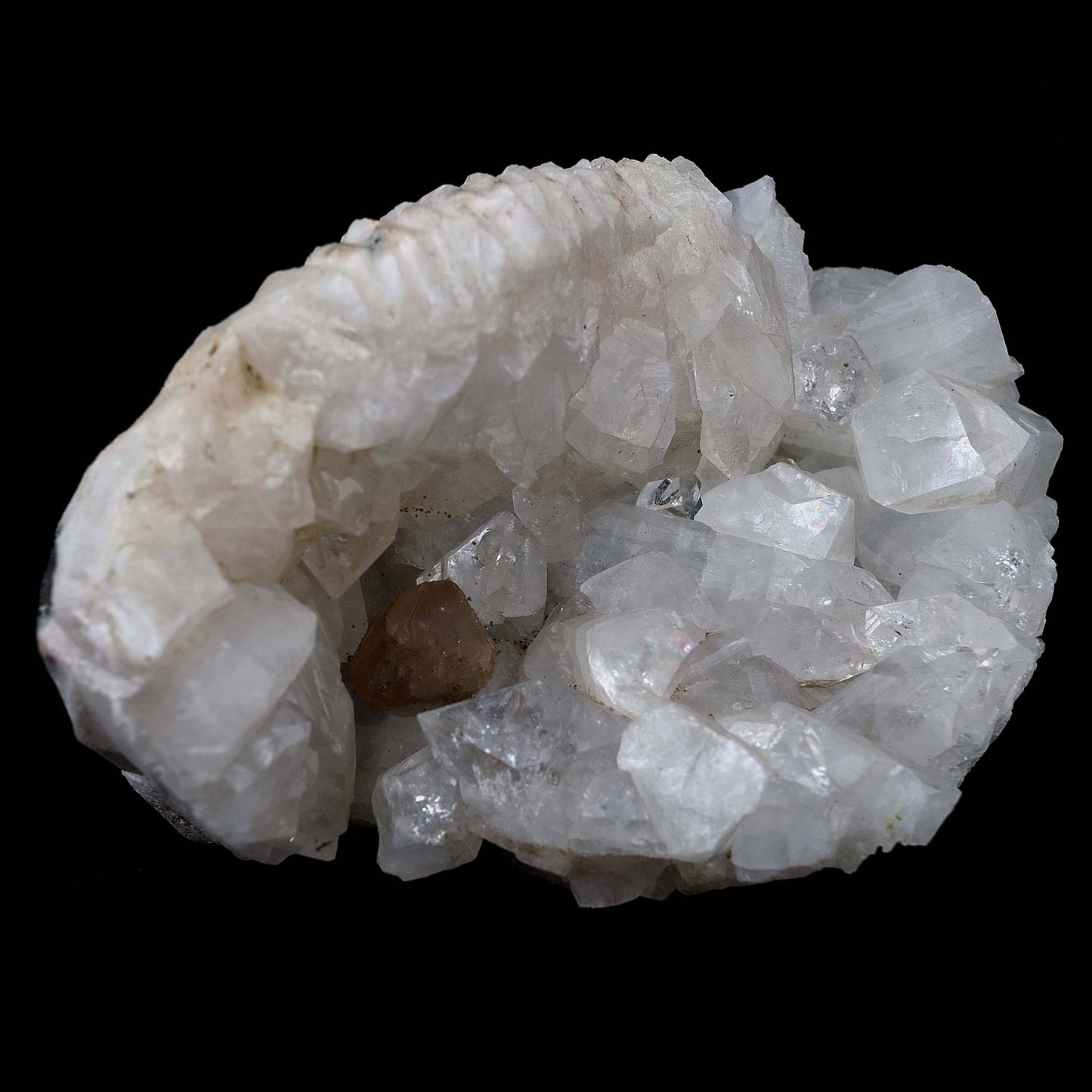 Powellite Inside Apophyllite Half Geode Natural Mineral Specimen # B 3…  https://www.superbminerals.us/products/powellite-inside-apophyllite-half-geode-natural-mineral-specimen-b-3987  Features Cluster of honey yellow pointed crystals of Powellite inside matrix of big cubical Apophyllite. Despite the many tones of mineral specimens that India produces on an annual basis, these powellites have remained a rarity.&nbsp; This one, though nestled in the apophyllite, has excellent sharpness and good orange