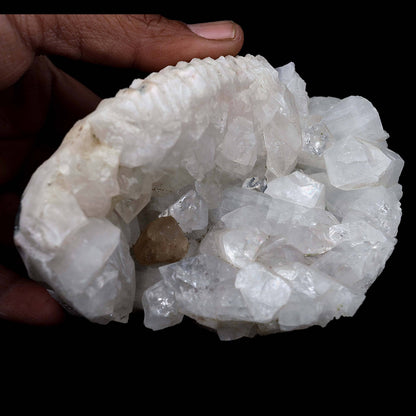 Powellite Inside Apophyllite Half Geode Natural Mineral Specimen # B 3…  https://www.superbminerals.us/products/powellite-inside-apophyllite-half-geode-natural-mineral-specimen-b-3987  Features Cluster of honey yellow pointed crystals of Powellite inside matrix of big cubical Apophyllite. Despite the many tones of mineral specimens that India produces on an annual basis, these powellites have remained a rarity.&nbsp; This one, though nestled in the apophyllite, has excellent sharpness and good orange