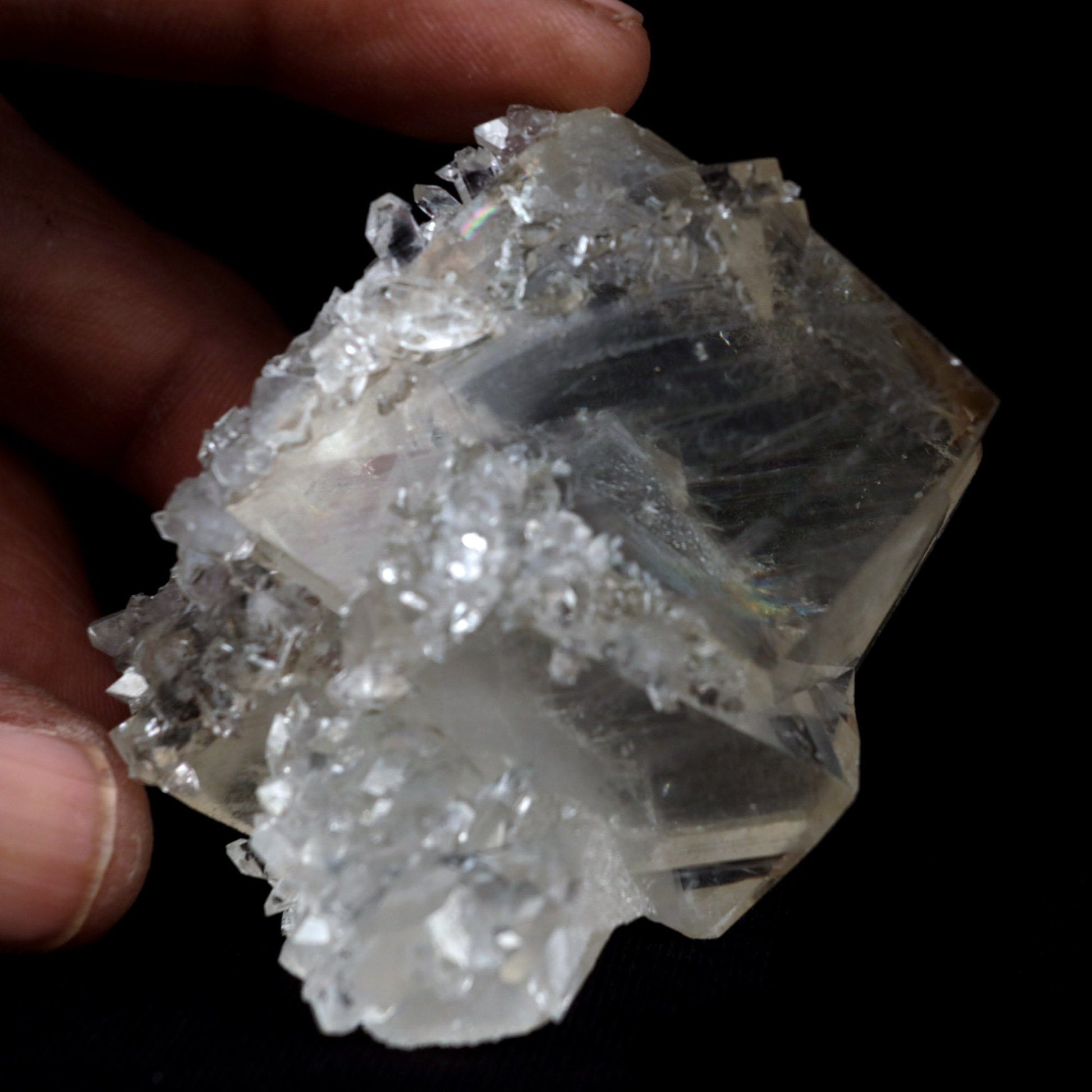 Pseudo Calcite with Apophyllite Natural Mineral Specimen # B 4876  https://www.superbminerals.us/products/calcite-cube-with-apophyllite-natural-mineral-specimen-b-4876  Features: With one of the best Indian Calcites, lustrous Apophyllite, and a truly excellent combo piece, this is truly exceptional.&nbsp;The Calcite in the middle of the piece is quite gorgeous on the front edge, with outstanding brilliance and gemminess.&nbsp;The front edge serves as the primary