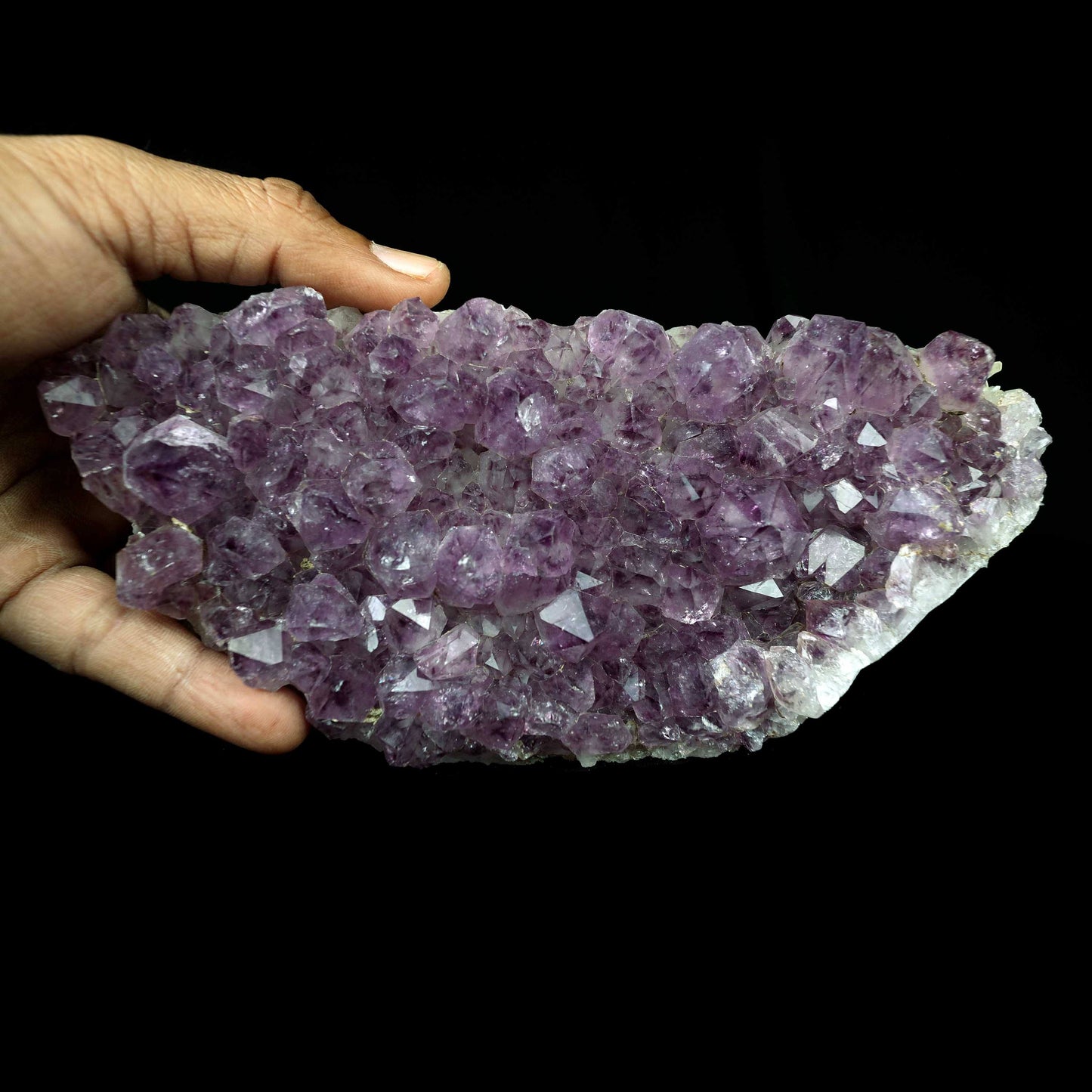 Purple Amethyst Plate Natural Mineral Specimen # B 4374  https://www.superbminerals.us/products/purple-amethyst-plate-natural-mineral-specimen-b-4374  Features:A very large plate of lustrous, large deep-purple Amethyst crystals with two clusters (one large and one smaller) of highly translucent, colorless, intergrown parallel “nailhead spar” crystals emanating from the center of the plate of Amethyst. It is incredible! Amazing color, luster, symmetry and crystal 