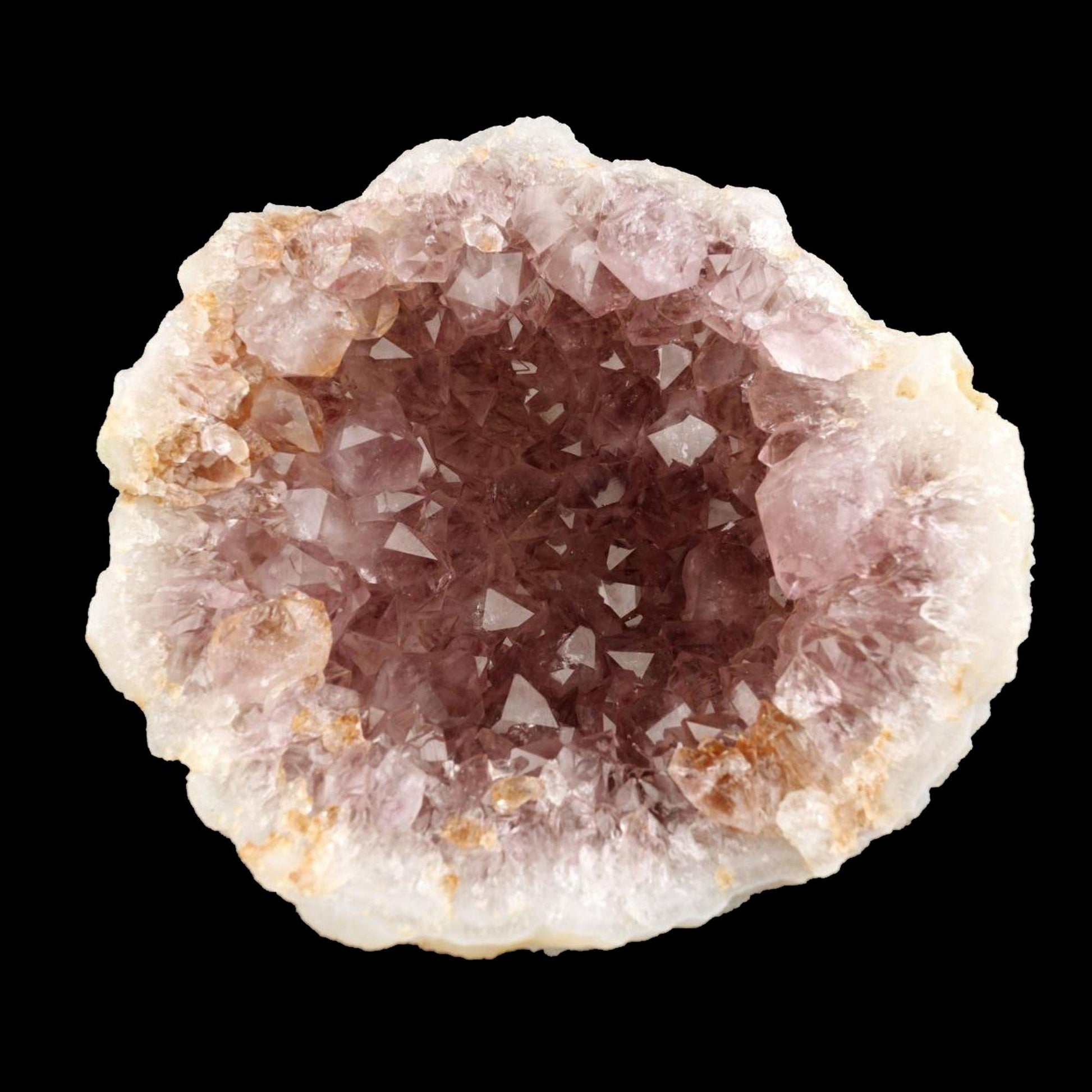 Purple Amethyst Pointed Crystals Geode Formation # B 2198 An Amethyst Quartz Geode from India! The Amethyst is lustrous and a unique purple color on a colorless Chalcedony. There is banding clearly present on the opening edge, and there is a unique thin reddish-brown streak around the inside of the geode due to a self-healed fracture on the outside of the geode.