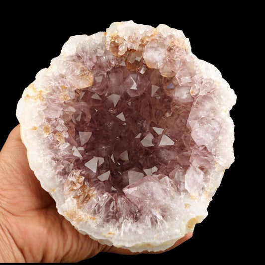 Purple Amethyst Pointed Crystals Geode Formation # B 2198 An Amethyst Quartz Geode from India! The Amethyst is lustrous and a unique purple color on a colorless Chalcedony. There is banding clearly present on the opening edge, and there is a unique thin reddish-brown streak around the inside of the geode due to a self-healed fracture on the outside of the geode.