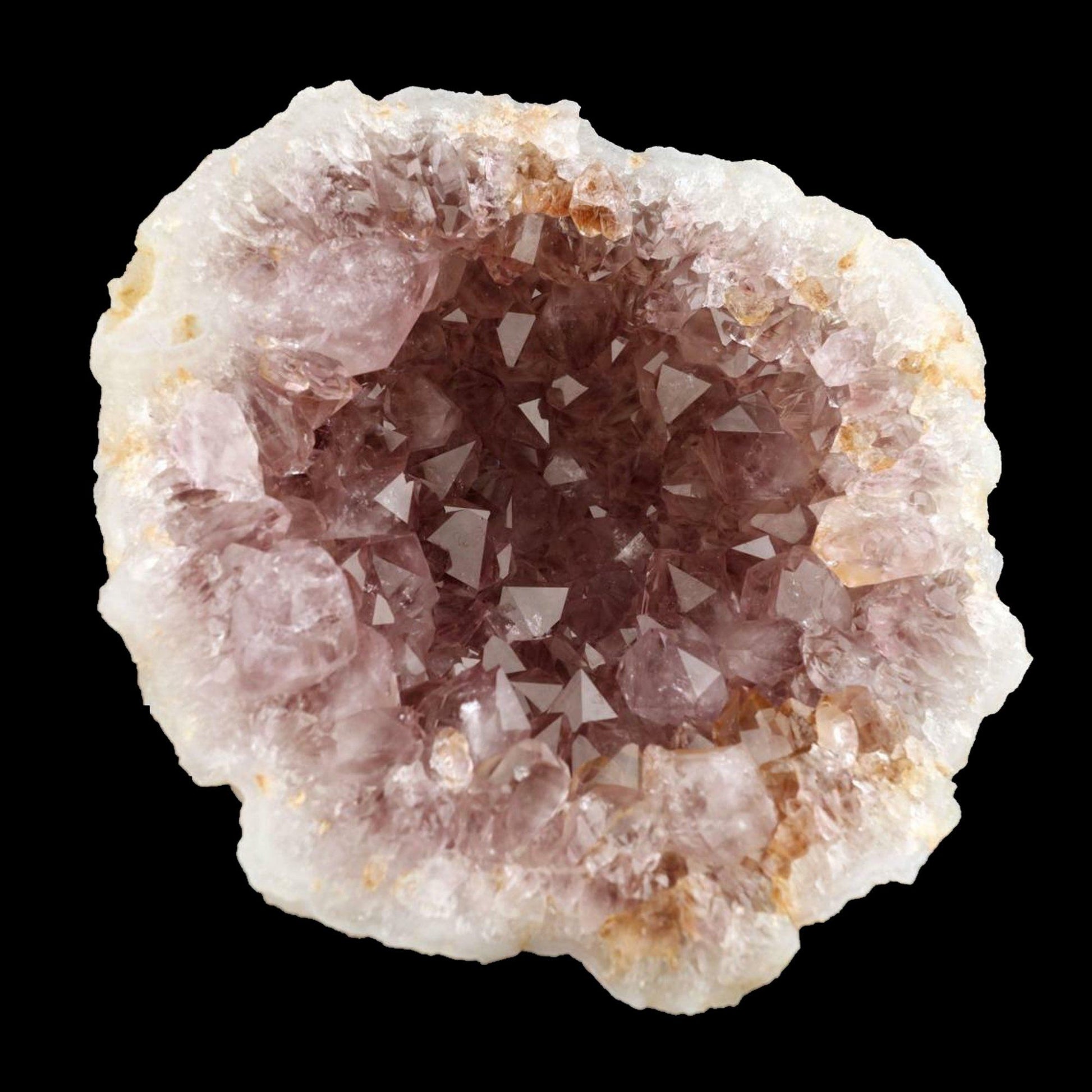 Purple Amethyst Pointed Crystals Geode Formation # B 2198 An Amethyst Quartz Geode from India! The Amethyst is lustrous and a unique purple color on a colorless Chalcedony. There is banding clearly present on the opening edge, and there is a unique thin reddish-brown streak around the inside of the geode due to a self-healed fracture on the outside of the geode.