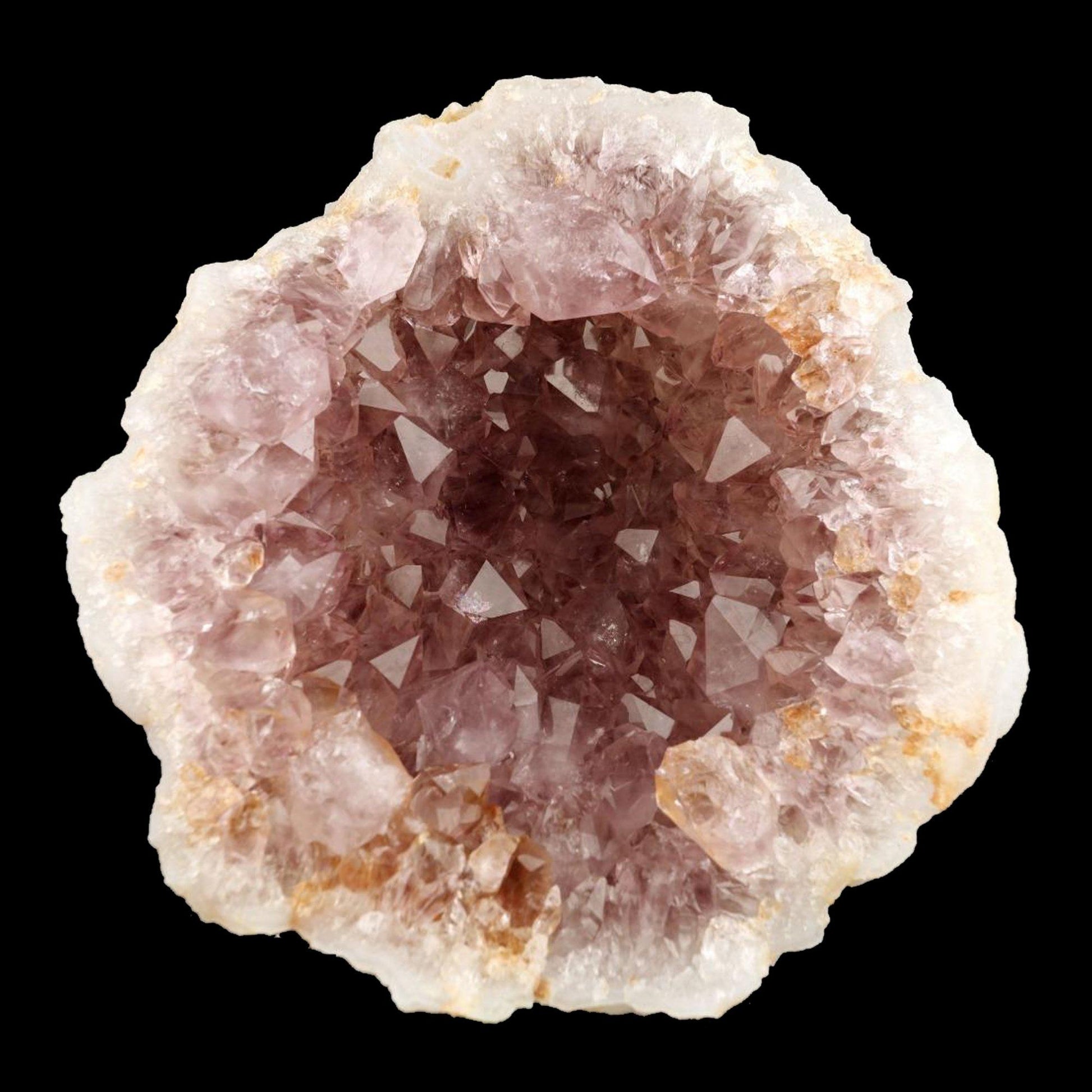 Purple Amethyst Pointed Crystals Geode Formation # B 2198 An Amethyst Quartz Geode from India! The Amethyst is lustrous and a unique purple color on a colorless Chalcedony. There is banding clearly present on the opening edge, and there is a unique thin reddish-brown streak around the inside of the geode due to a self-healed fracture on the outside of the geode.