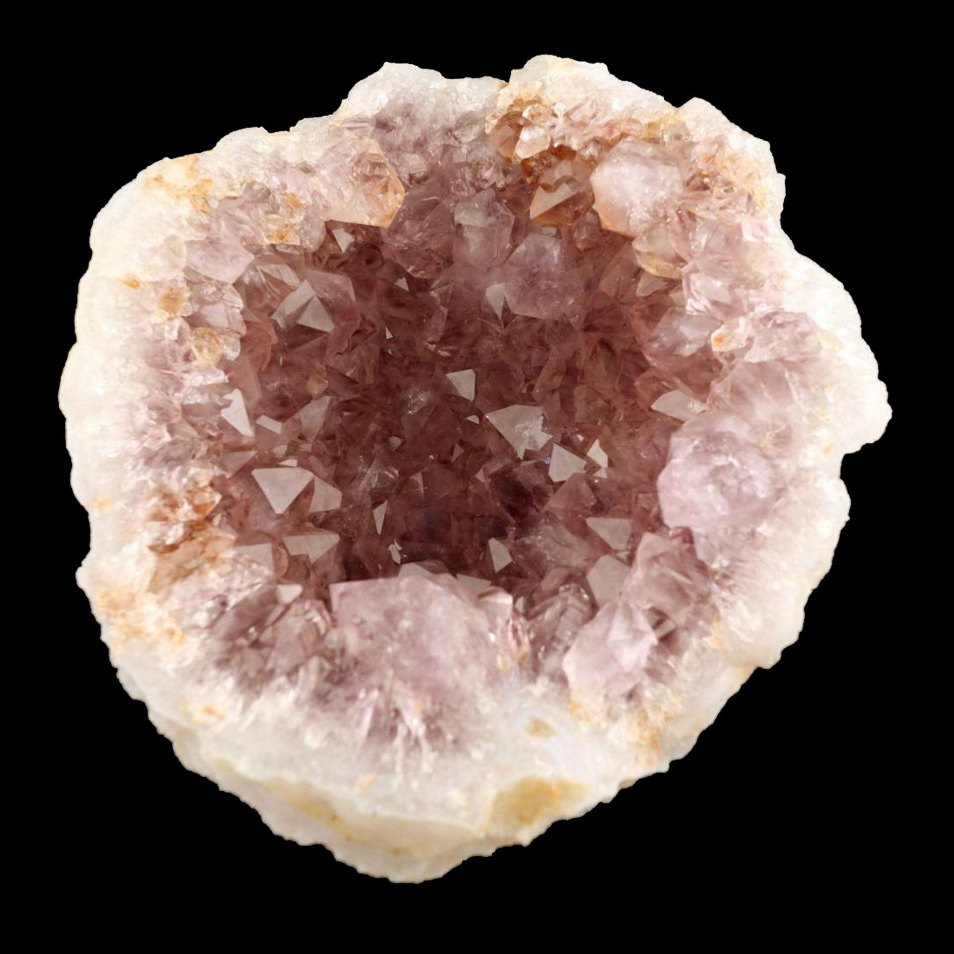 Purple Amethyst Pointed Crystals Geode Formation # B 2198 An Amethyst Quartz Geode from India! The Amethyst is lustrous and a unique purple color on a colorless Chalcedony. There is banding clearly present on the opening edge, and there is a unique thin reddish-brown streak around the inside of the geode due to a self-healed fracture on the outside of the geode.