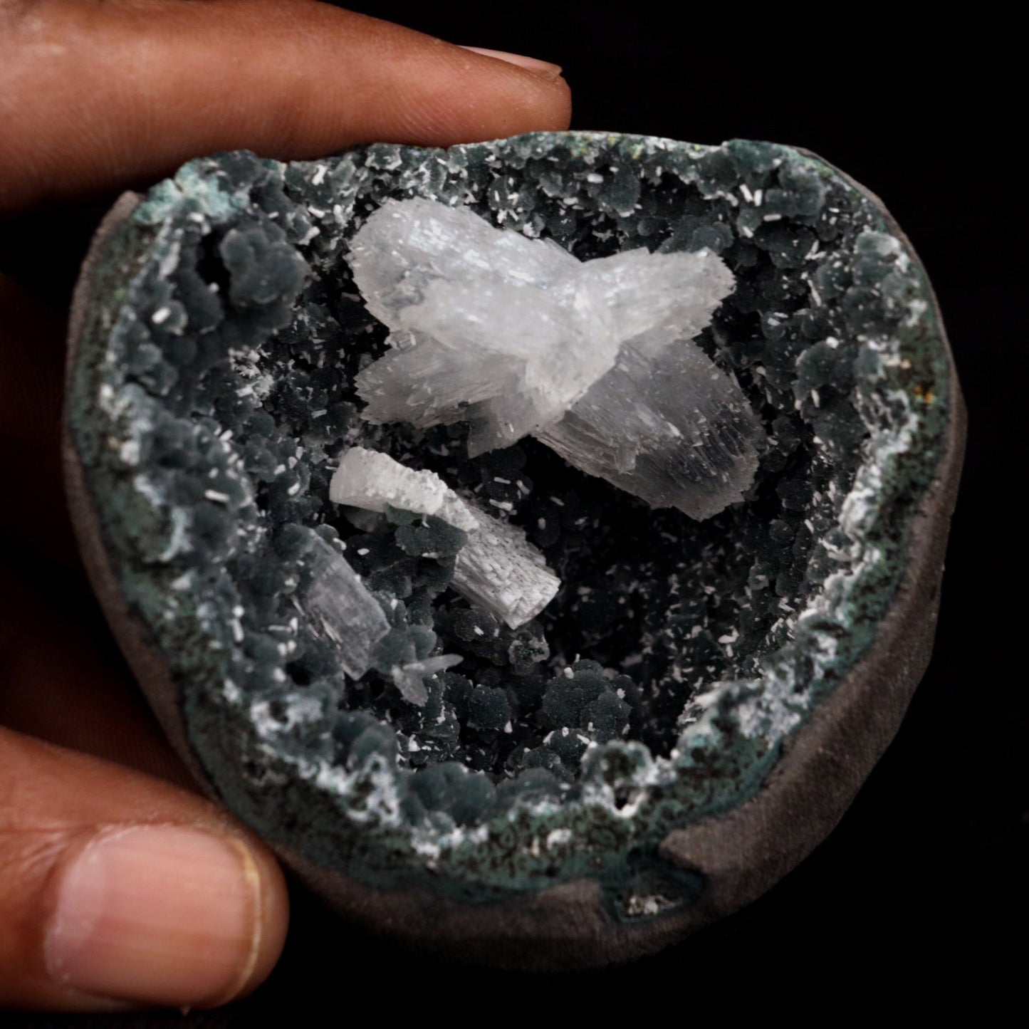 Rare Find Epi-Stilbite Inside Black Chalcedony Natural Mineral Specime…  https://www.superbminerals.us/products/rare-find-epi-stilbite-inside-black-chalcedony-natural-mineral-specimen-b-4736  Features: Beautiful, complete, radial aggregates of white Epistilbite on basalt matrix make this a one-of-a-kind find. The entire Epistilbite collection is unblemished, and the object shines out wonderfully in the collection. Although Epistilbite crystals found outside of India are often small, the greatest examples