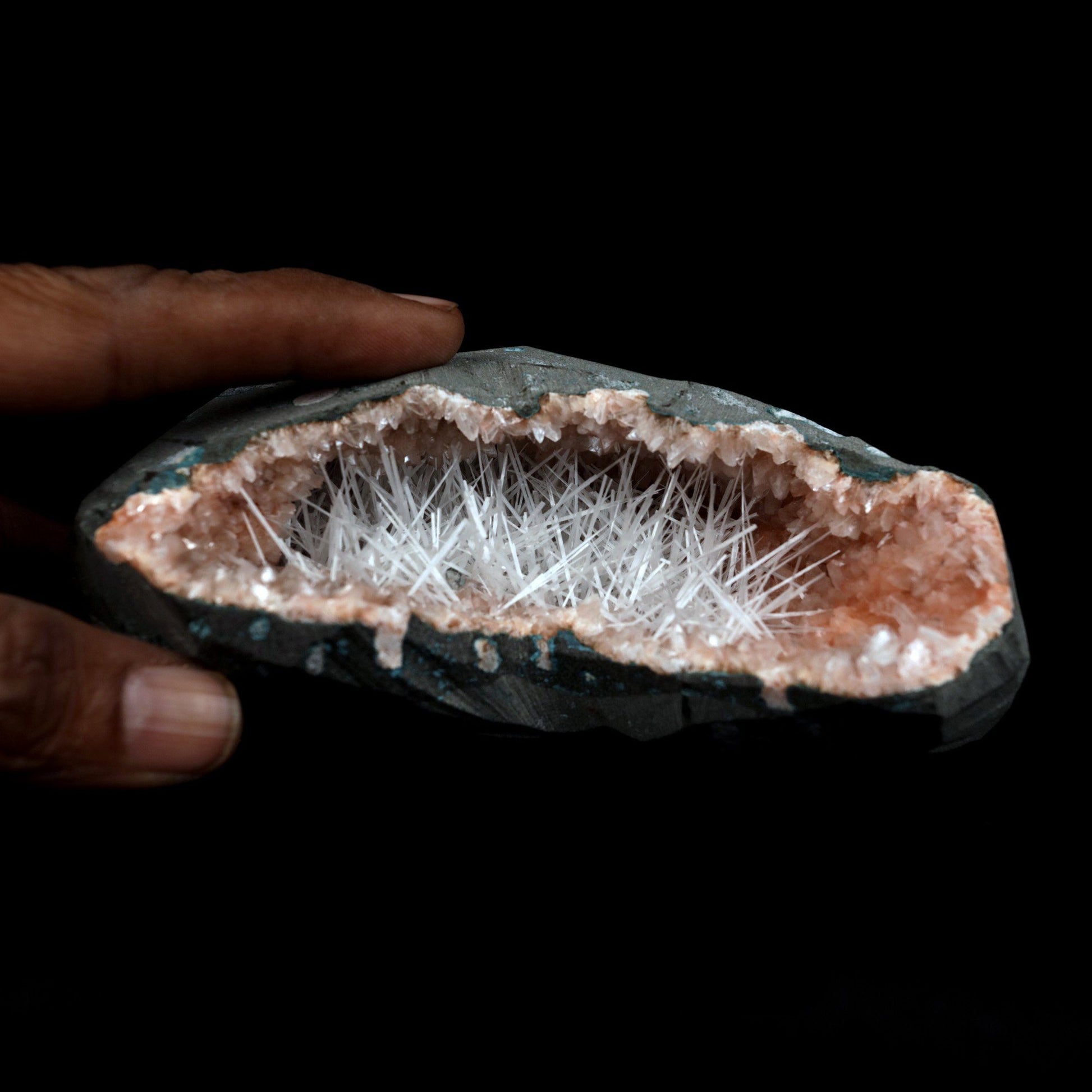 Scolecite Accular Sprays Inside Heulandite Geode Natural Mineral Speci…  https://www.superbminerals.us/products/scolecite-accular-sprays-inside-heulandite-geode-natural-mineral-specimen-b-4901  Features: Decorative geode encircled with beige, glossy Heulandite crystals, this piece has a pleasing aesthetic appearance. The crystals have a well-defined sheen that is pearly, almost glassy in appearance. This item has a lot of glimmer to it. The condition is excellent. Primary Mineral(s): Scolecite