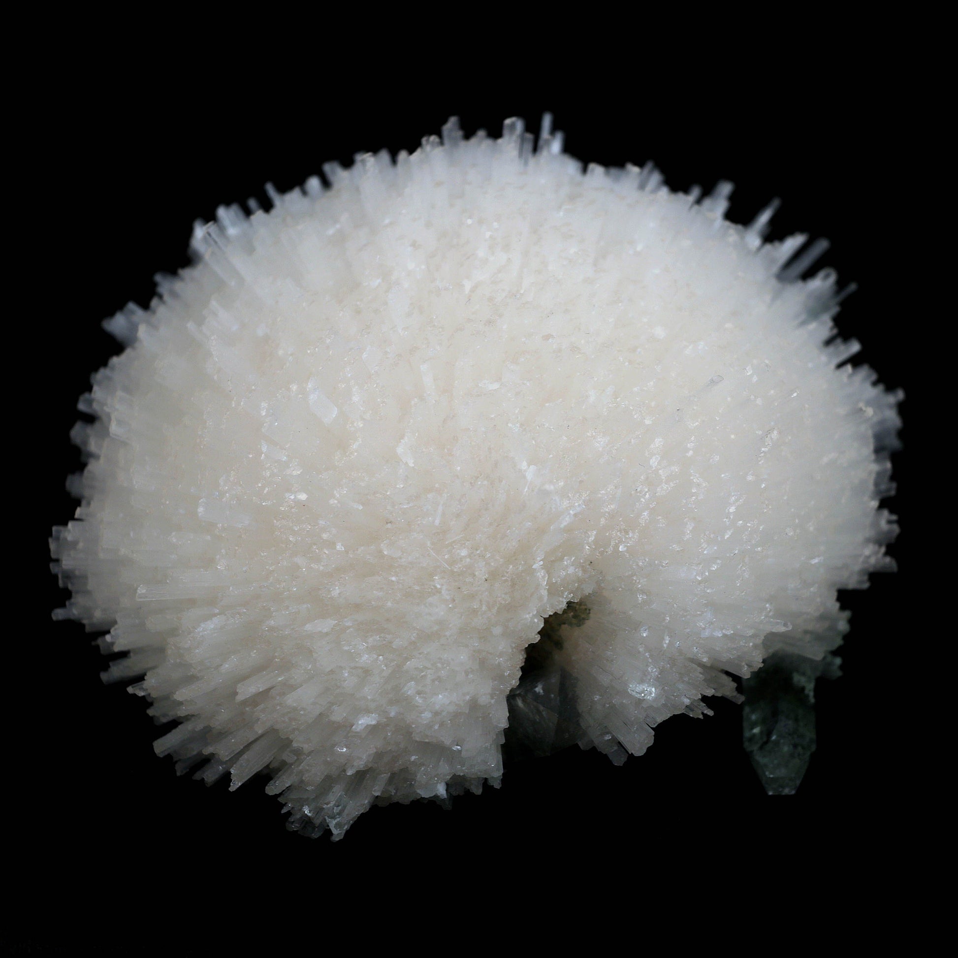 Scolecite Ball with Green Apophyllite Natural Mineral Specimen # B 45…  https://www.superbminerals.us/products/scolecite-ball-with-green-apophyllite-natural-mineral-specimen-b-4526  Features:Very rich porcupine quill spray of glassy scolecite needles is artistically set on the basalt matrix, which is covered with mint-green, frosted, Tetragonal Apophyllite crystals. Large combination material that is both outstanding and rare in today's market. Primary Mineral(s): ScoleciteSecondary Mineral