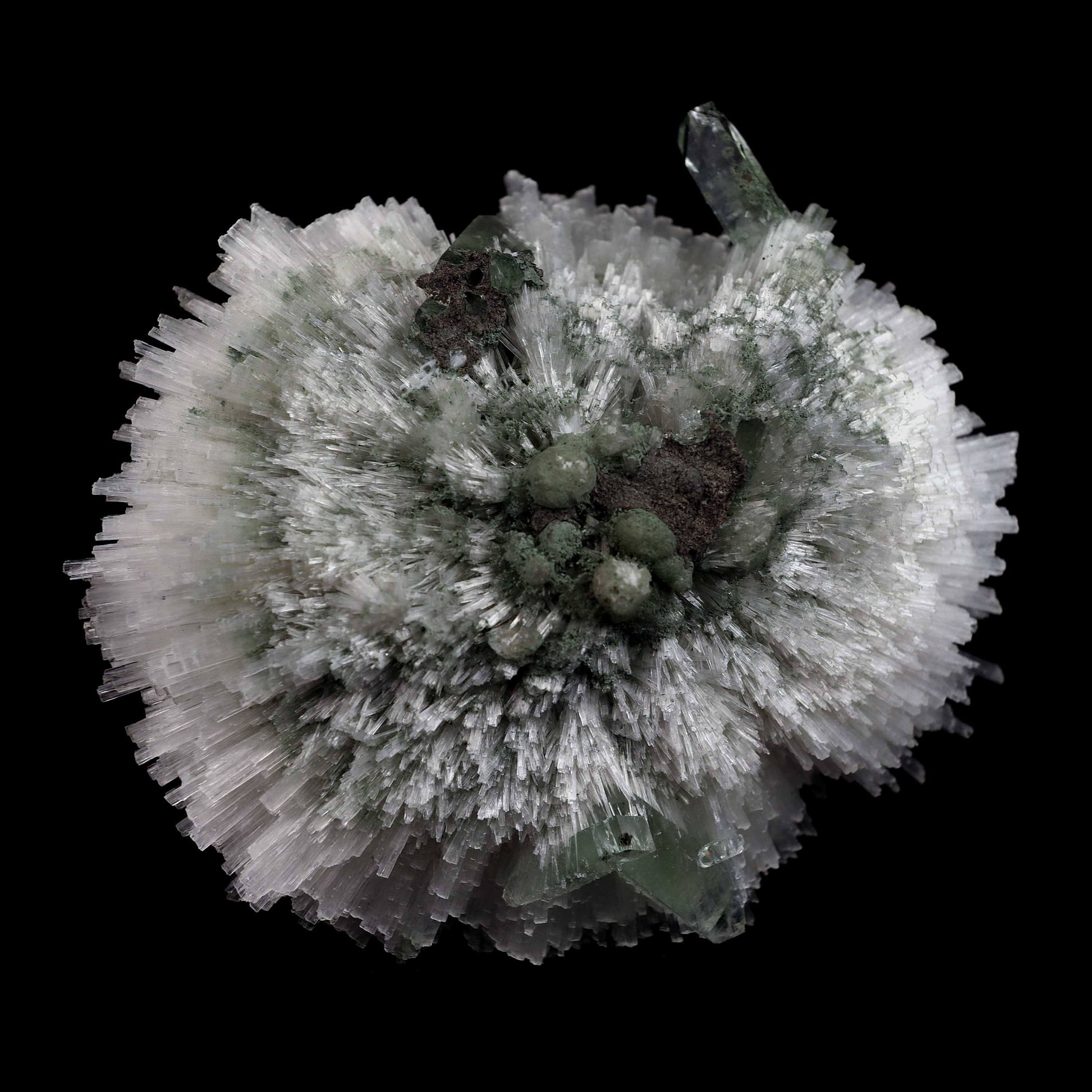 Scolecite Ball with Green Apophyllite Natural Mineral Specimen # B 45…  https://www.superbminerals.us/products/scolecite-ball-with-green-apophyllite-natural-mineral-specimen-b-4526  Features:Very rich porcupine quill spray of glassy scolecite needles is artistically set on the basalt matrix, which is covered with mint-green, frosted, Tetragonal Apophyllite crystals. Large combination material that is both outstanding and rare in today's market. Primary Mineral(s): ScoleciteSecondary Mineral