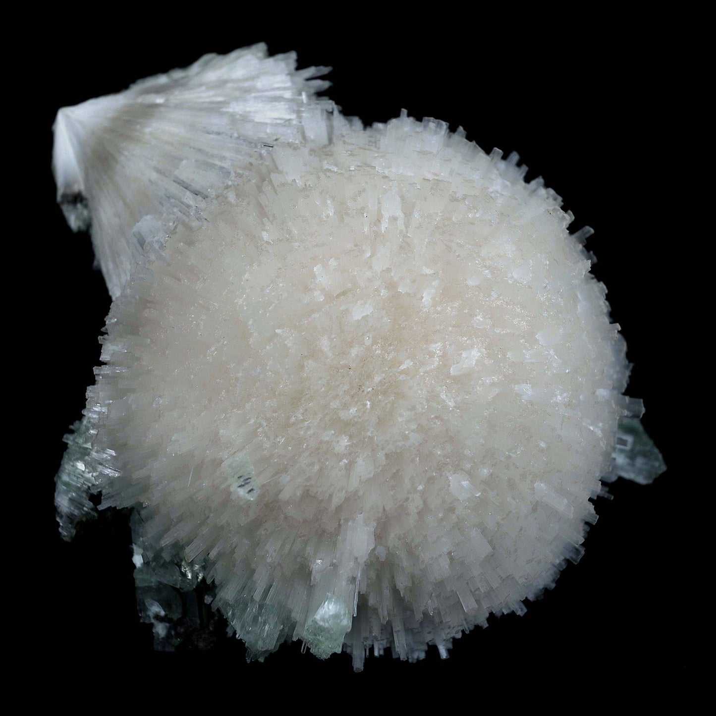 Scolecite Galssy Spehere with Apophyllite Natural Mineral Specimen # …  https://www.superbminerals.us/products/scolecite-galssy-spehere-with-apophyllite-natural-mineral-specimen-b-4609  Features: A rich porcupine quill spray of glassy scolecite needles is artfully placed over a basalt substrate coated in mint-green, frosted Tetragonal Apophyllite crystals.Large combination material that is both exceptional and uncommon in today's market. Primary Mineral(s): Scolecite