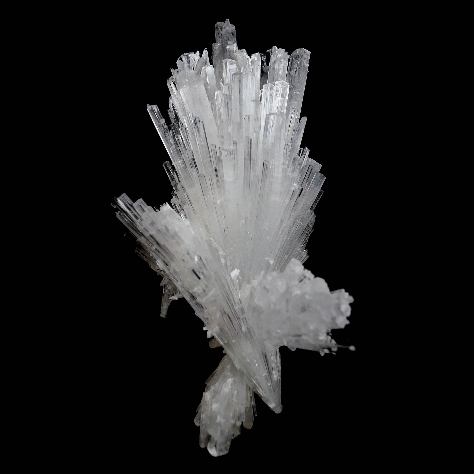 Scolecite Glassy Spray Natural Mineral Specimen # B 4608  https://www.superbminerals.us/products/scolecite-glassy-spray-natural-mineral-specimen-b-4608  Features: A large, tapered spray of elongated colorless Scolecite crystals. The Scolecite crystals are glassy and highly translucent with transparent terminations. A beautiful specimen in excellent condition.Primary Mineral(s): Scolecite