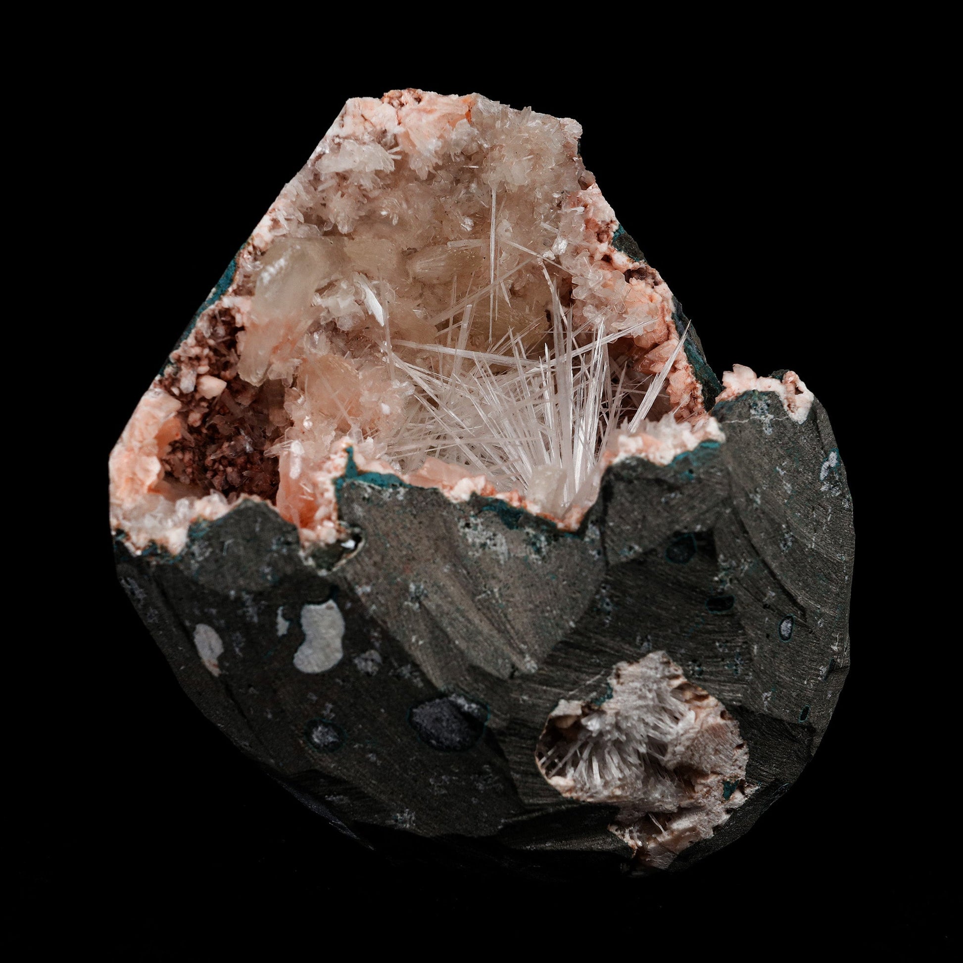 Scolecite Inside Heulandite Geode Natural Mineral Specimen # B 5156  https://www.superbminerals.us/products/scolecite-inside-heulandite-geode-natural-mineral-specimen-b-5156  Features: A big, free-standing Geode bordered with peach-colored Heulandite crystals and including two clusters of beige Stilbite crystals.&nbsp; The Geode is a three-dimensional object that is tall, thin, and deep. Very attractive and in great condition. Primary Mineral(s): Scoecite Secondary Mineral(s):