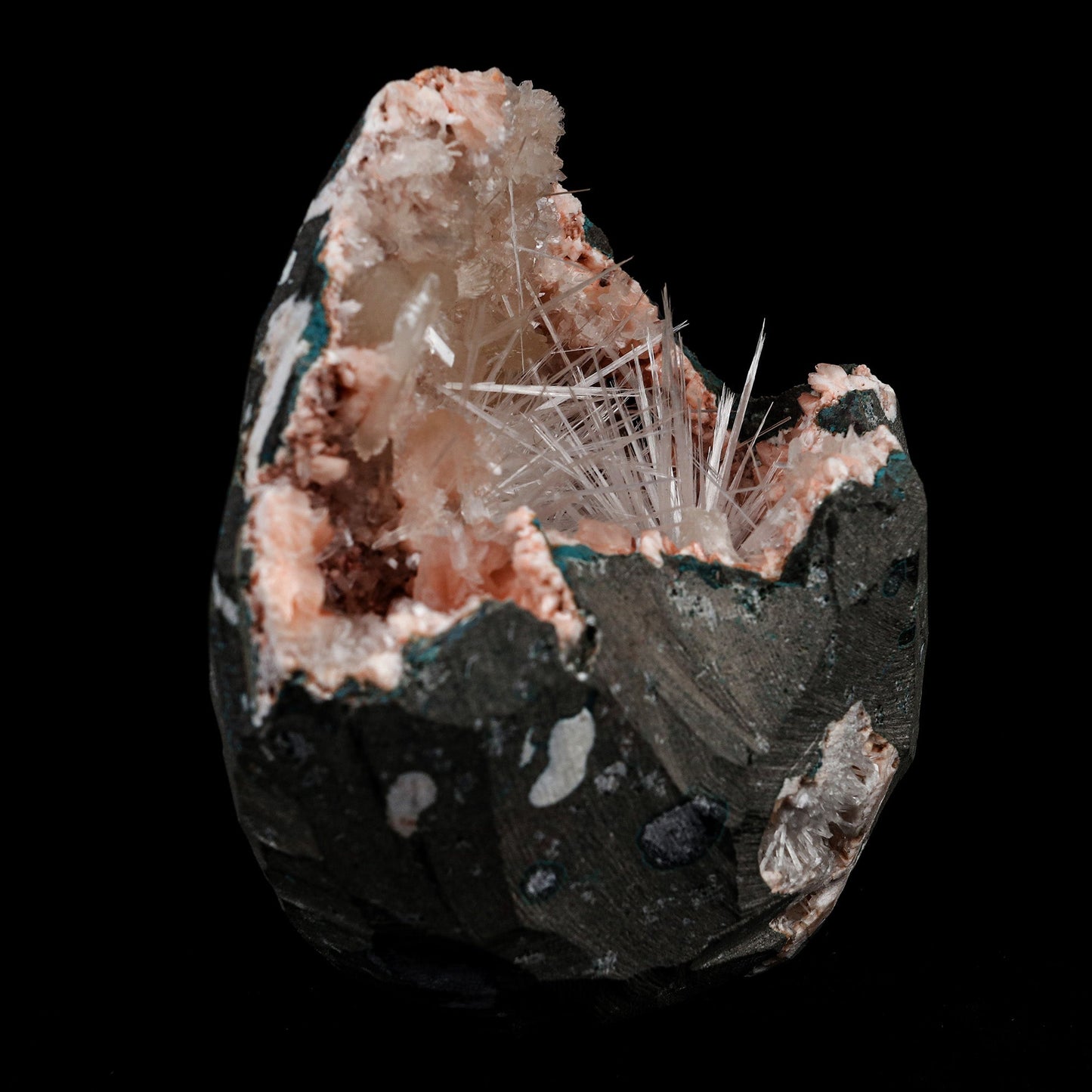 Scolecite Inside Heulandite Geode Natural Mineral Specimen # B 5156  https://www.superbminerals.us/products/scolecite-inside-heulandite-geode-natural-mineral-specimen-b-5156  Features: A big, free-standing Geode bordered with peach-colored Heulandite crystals and including two clusters of beige Stilbite crystals.&nbsp; The Geode is a three-dimensional object that is tall, thin, and deep. Very attractive and in great condition. Primary Mineral(s): Scoecite Secondary Mineral(s):