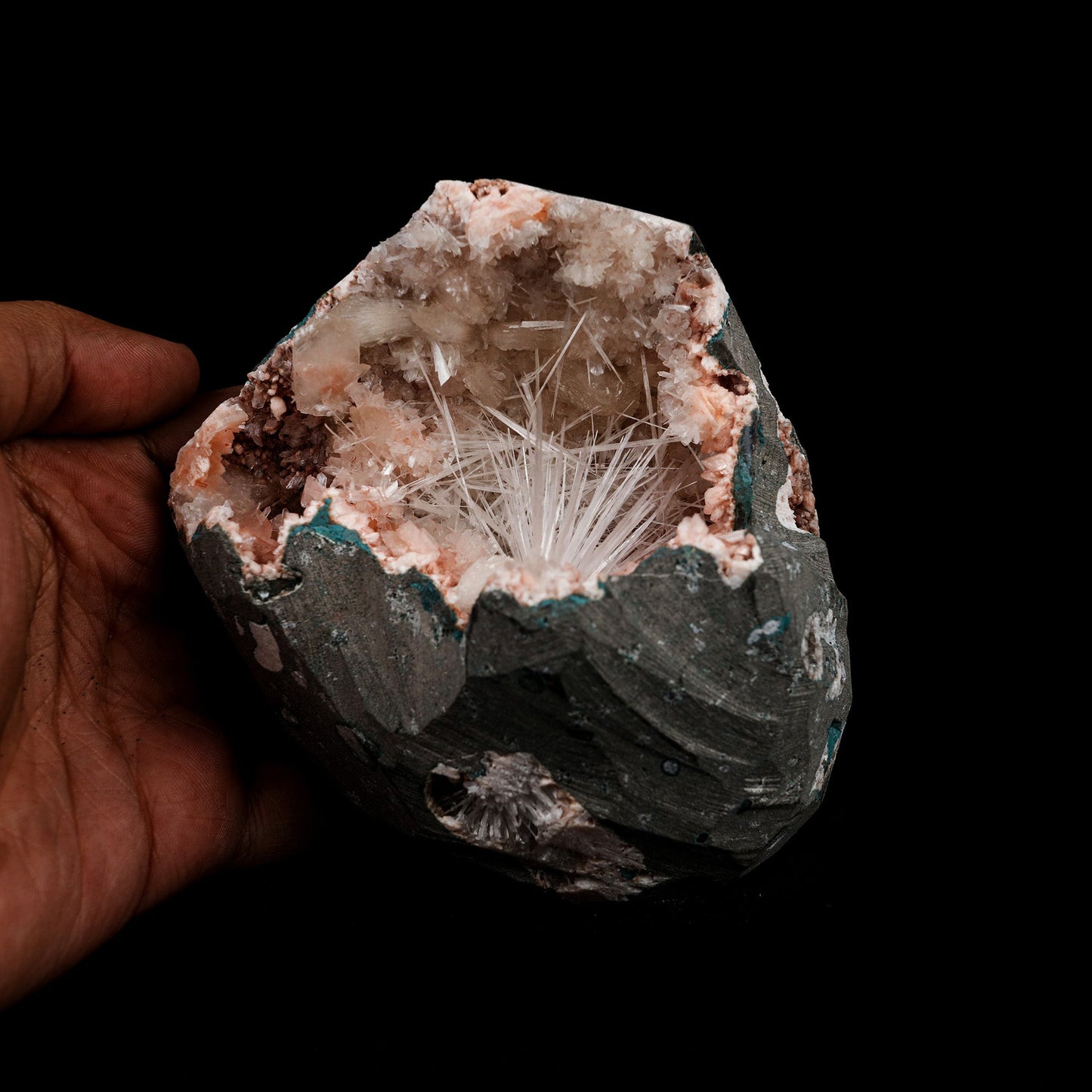 Scolecite Inside Heulandite Geode Natural Mineral Specimen # B 5156  https://www.superbminerals.us/products/scolecite-inside-heulandite-geode-natural-mineral-specimen-b-5156  Features: A big, free-standing Geode bordered with peach-colored Heulandite crystals and including two clusters of beige Stilbite crystals.&nbsp; The Geode is a three-dimensional object that is tall, thin, and deep. Very attractive and in great condition. Primary Mineral(s): Scoecite Secondary Mineral(s):