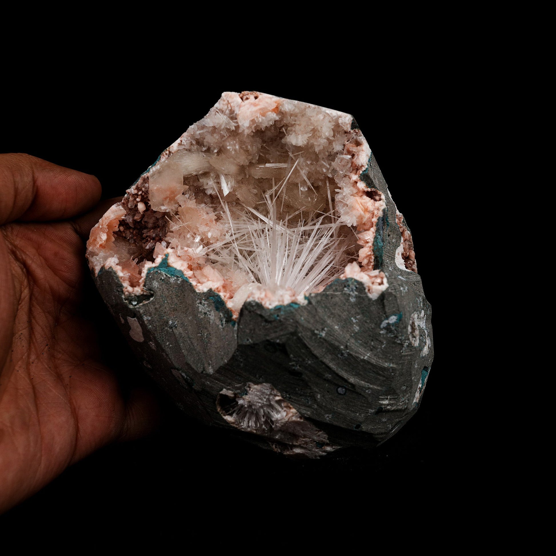 Scolecite Inside Heulandite Geode Natural Mineral Specimen # B 5156  https://www.superbminerals.us/products/scolecite-inside-heulandite-geode-natural-mineral-specimen-b-5156  Features: A big, free-standing Geode bordered with peach-colored Heulandite crystals and including two clusters of beige Stilbite crystals.&nbsp; The Geode is a three-dimensional object that is tall, thin, and deep. Very attractive and in great condition. Primary Mineral(s): Scoecite Secondary Mineral(s):